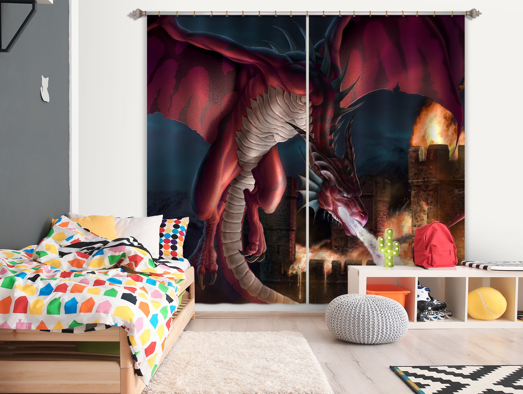 3D Red Dragon Spitfire 5059 Tom Wood Curtain Curtains Drapes