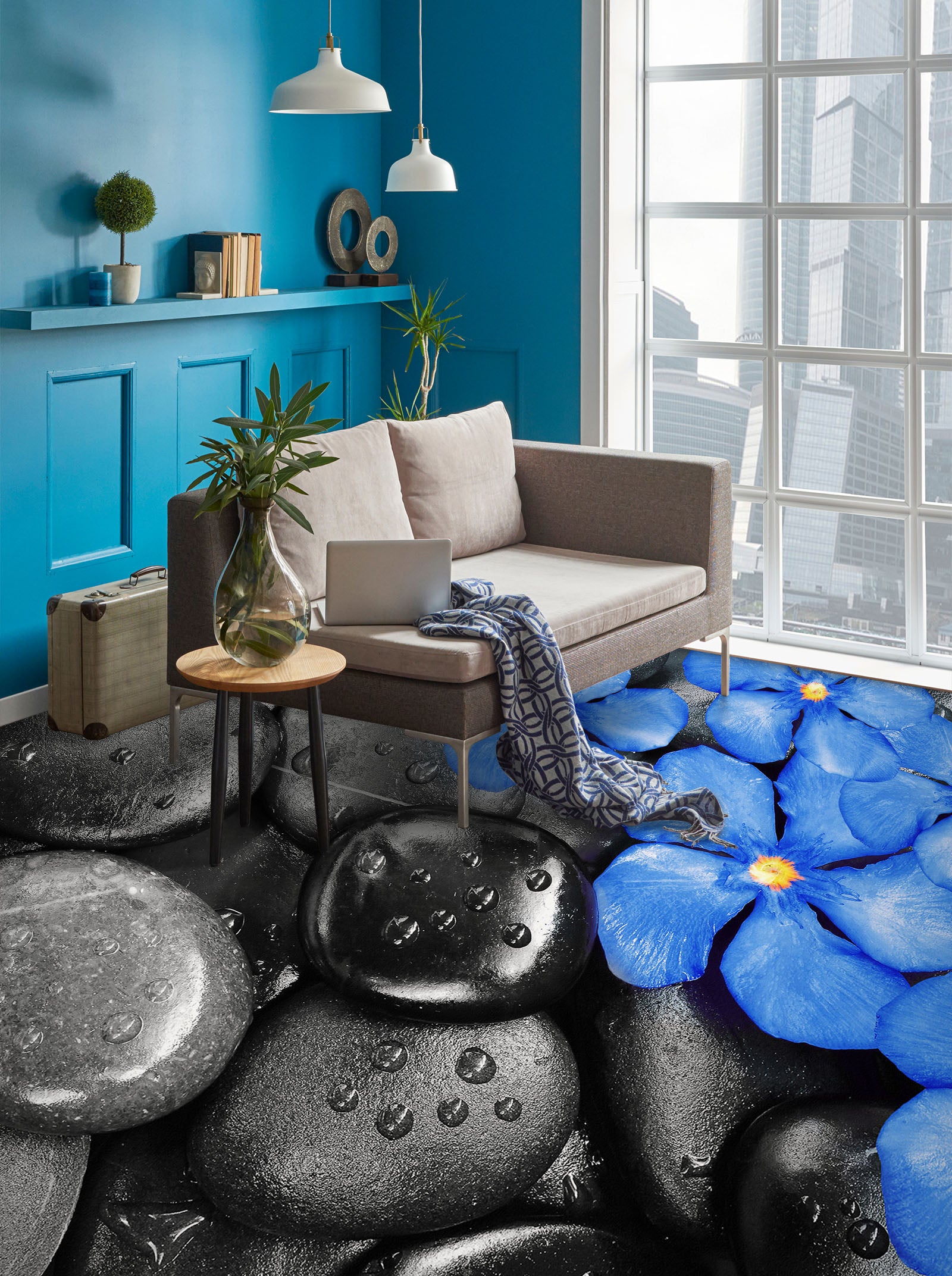 3D Quiet Blue Flowers 1441 Floor Mural  Wallpaper Murals Self-Adhesive Removable Print Epoxy