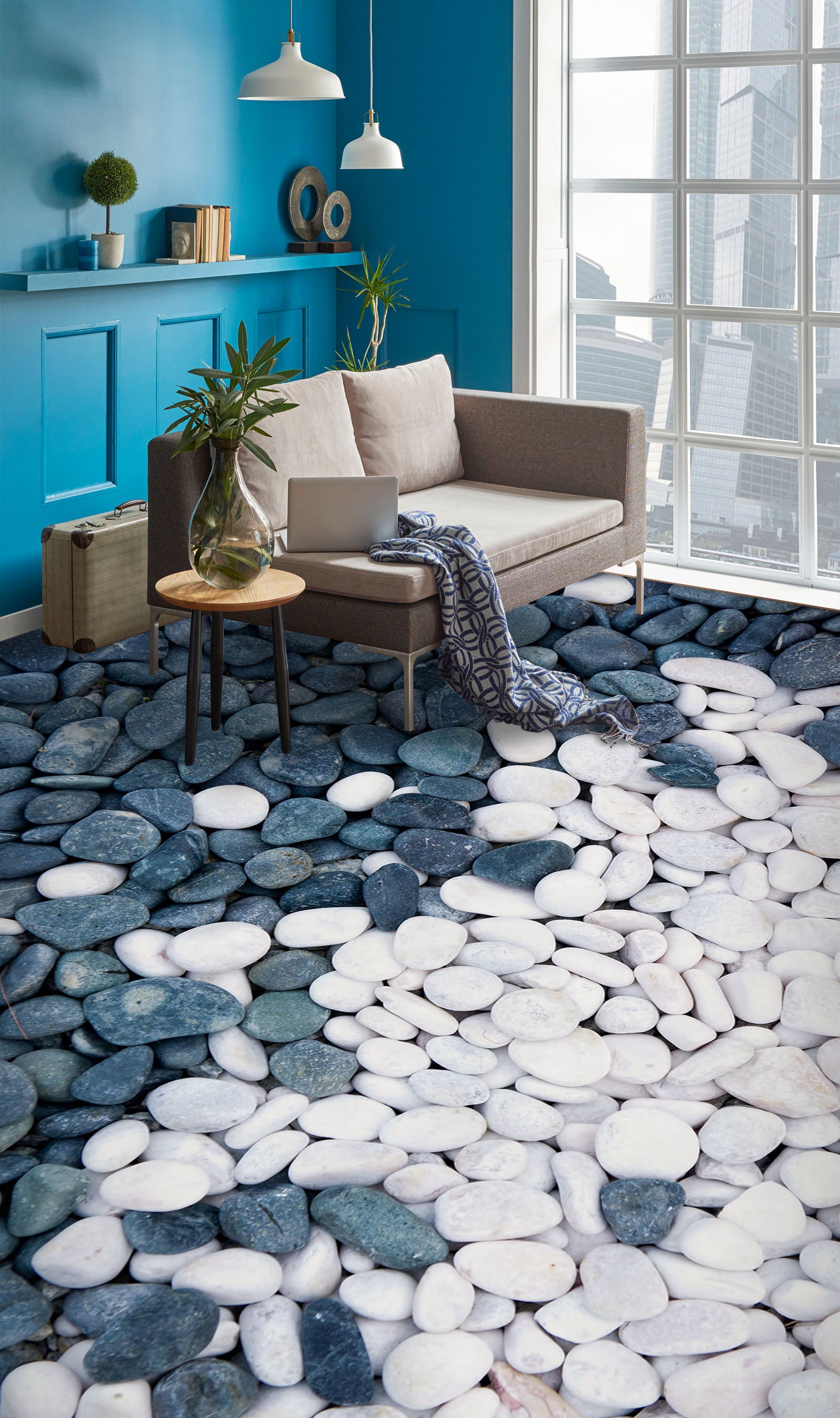 3D Blue And White Pebbles 884 Floor Mural  Wallpaper Murals Rug & Mat Print Epoxy waterproof bath floor
