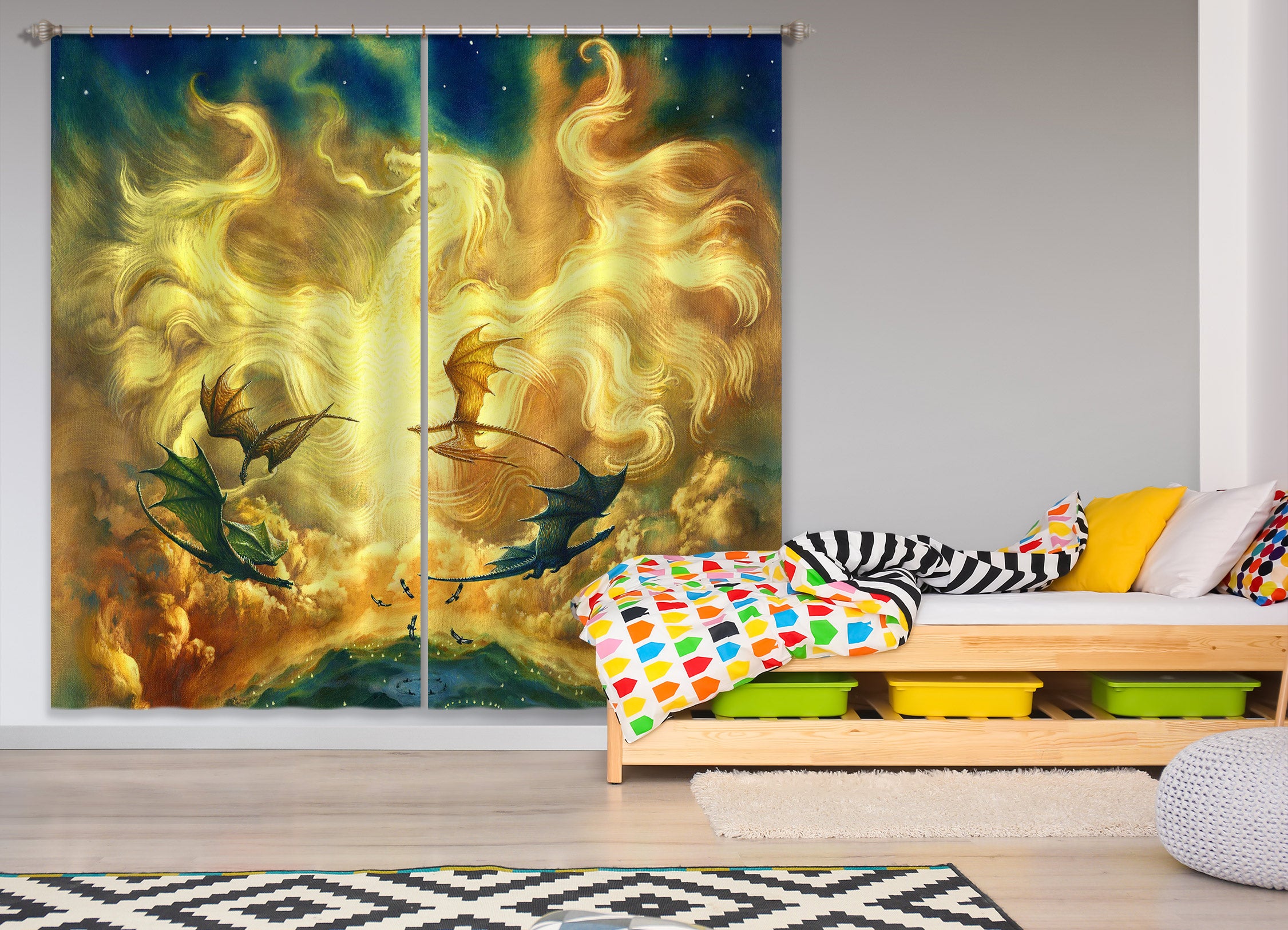 3D Dragon Golden Pattern 8015 Ciruelo Curtain Curtains Drapes
