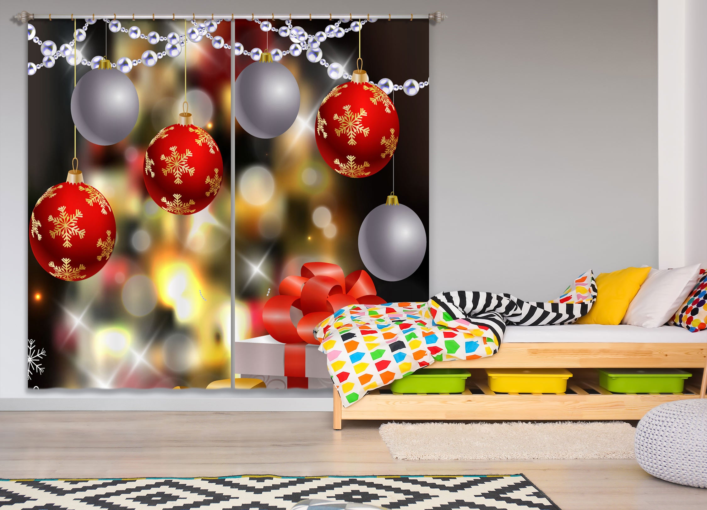 3D Silver Red Ball 53088 Christmas Curtains Drapes Xmas