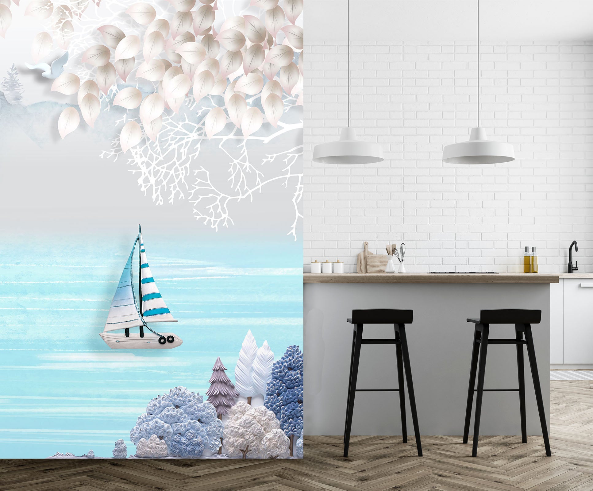 3D Blue Sea Sailing Boat 1826 Wall Murals