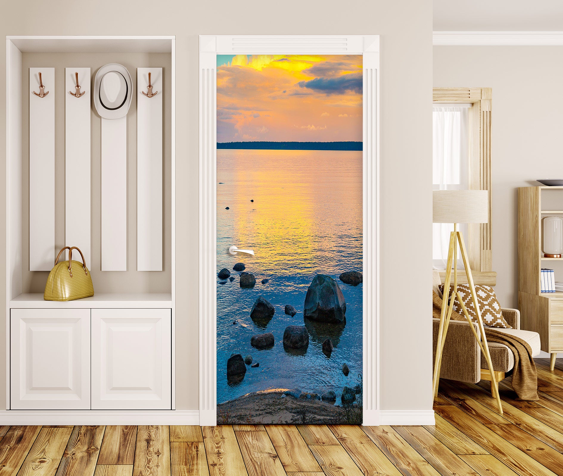 3D Sunset Sea Stones 078 Door Mural