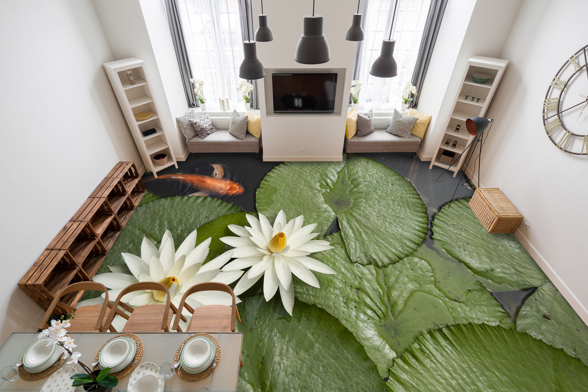 3D Two White Lotus 026 Floor Mural  Wallpaper Murals Rug & Mat Print Epoxy waterproof bath floor