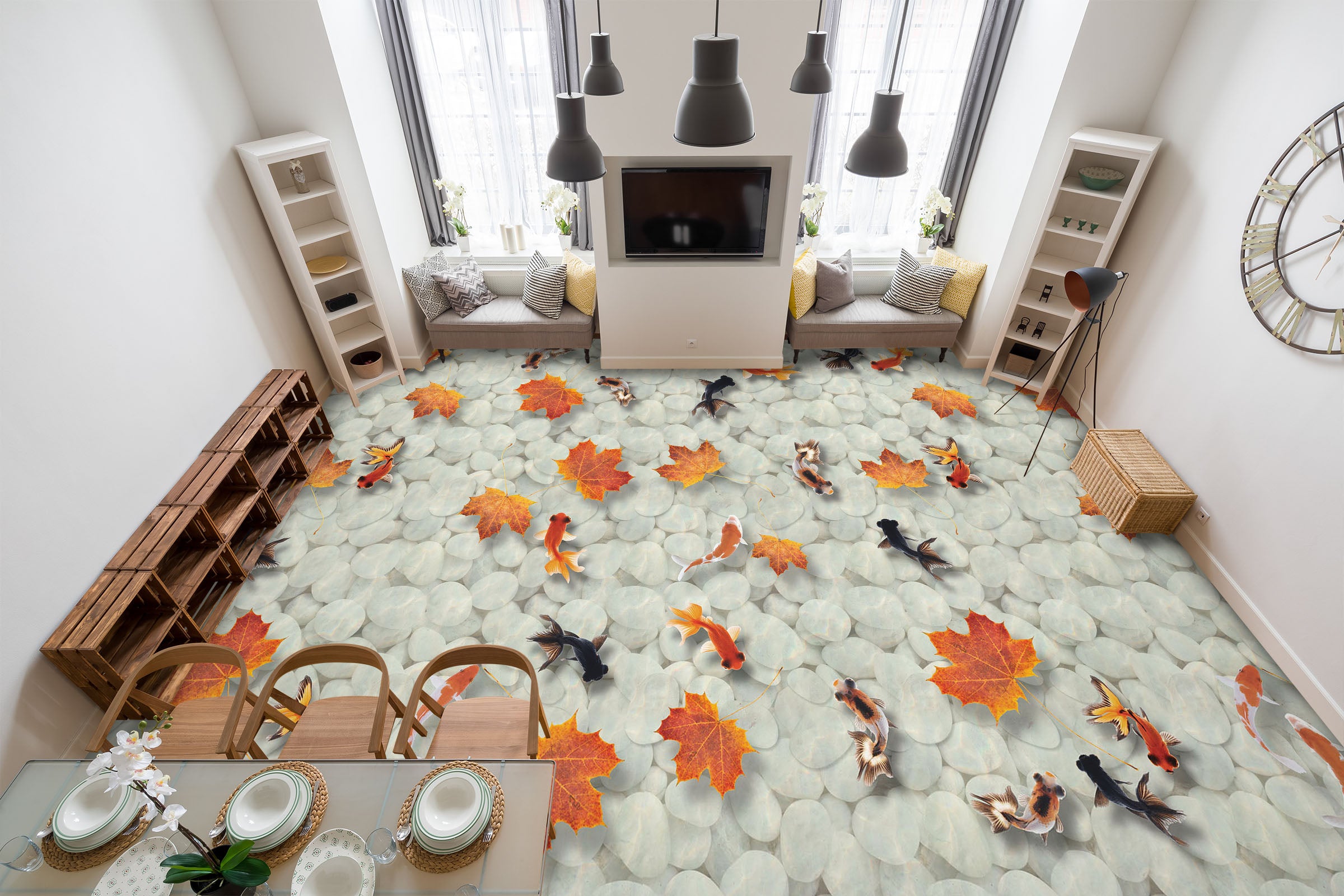 3D Black Goldfish And Fallen Leaves 264 Floor Mural
