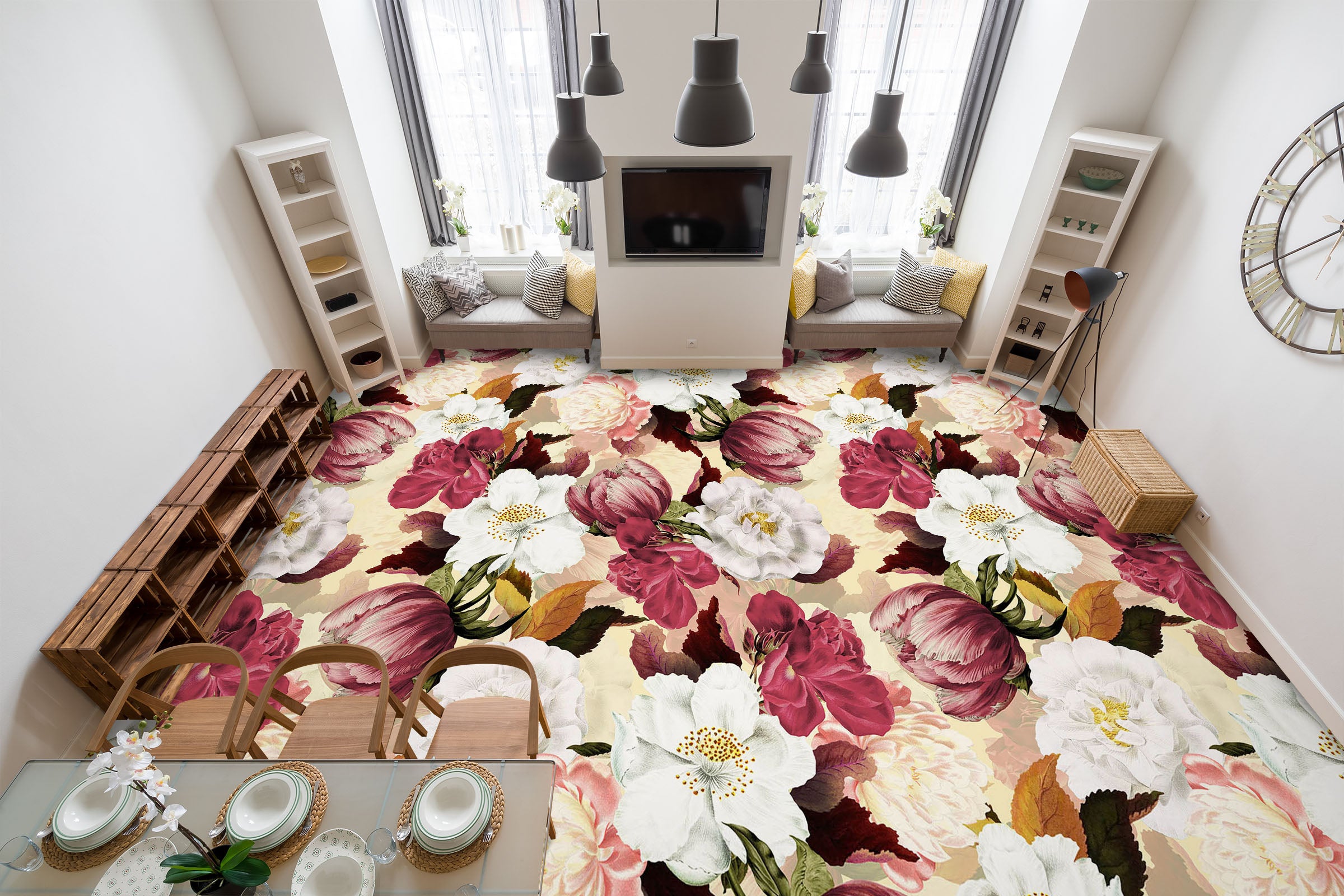 3D White Pink Flower Pattern 10013 Uta Naumann Floor Mural  Wallpaper Murals Self-Adhesive Removable Print Epoxy