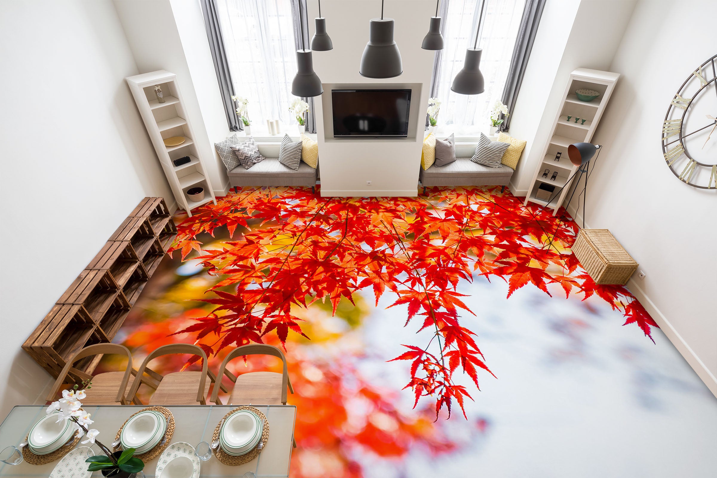 3D Romantic Red Maple Leaves 1266 Floor Mural  Wallpaper Murals Self-Adhesive Removable Print Epoxy