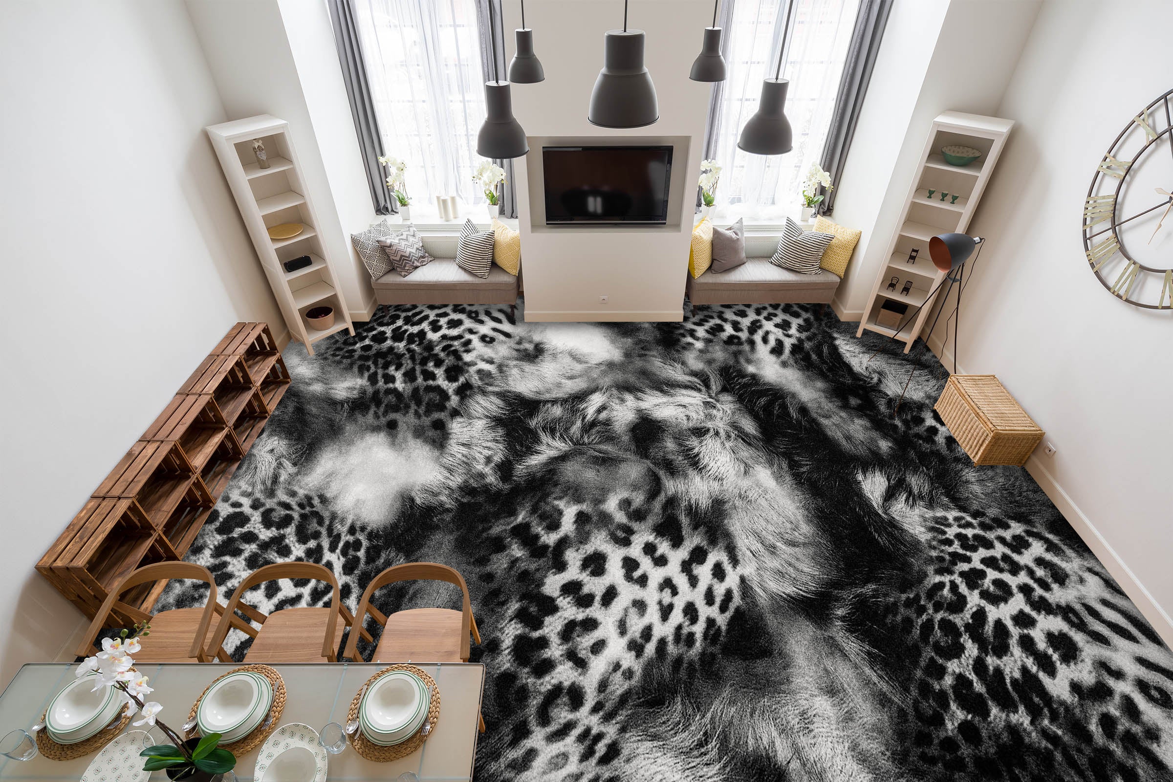 3D Black And White Leopard 1327 Floor Mural