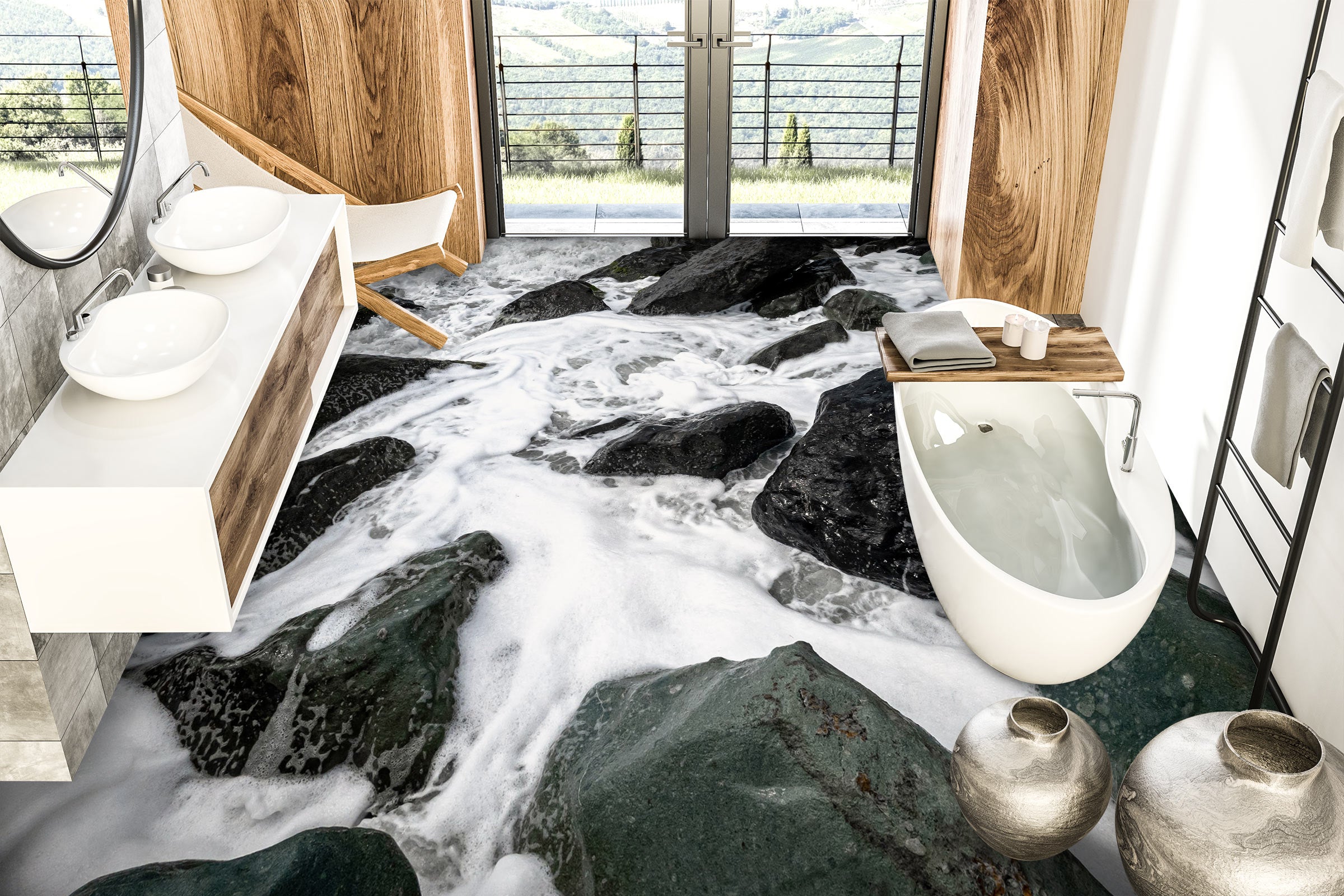 3D Black Stones And White Water 1067 Floor Mural  Wallpaper Murals Self-Adhesive Removable Print Epoxy