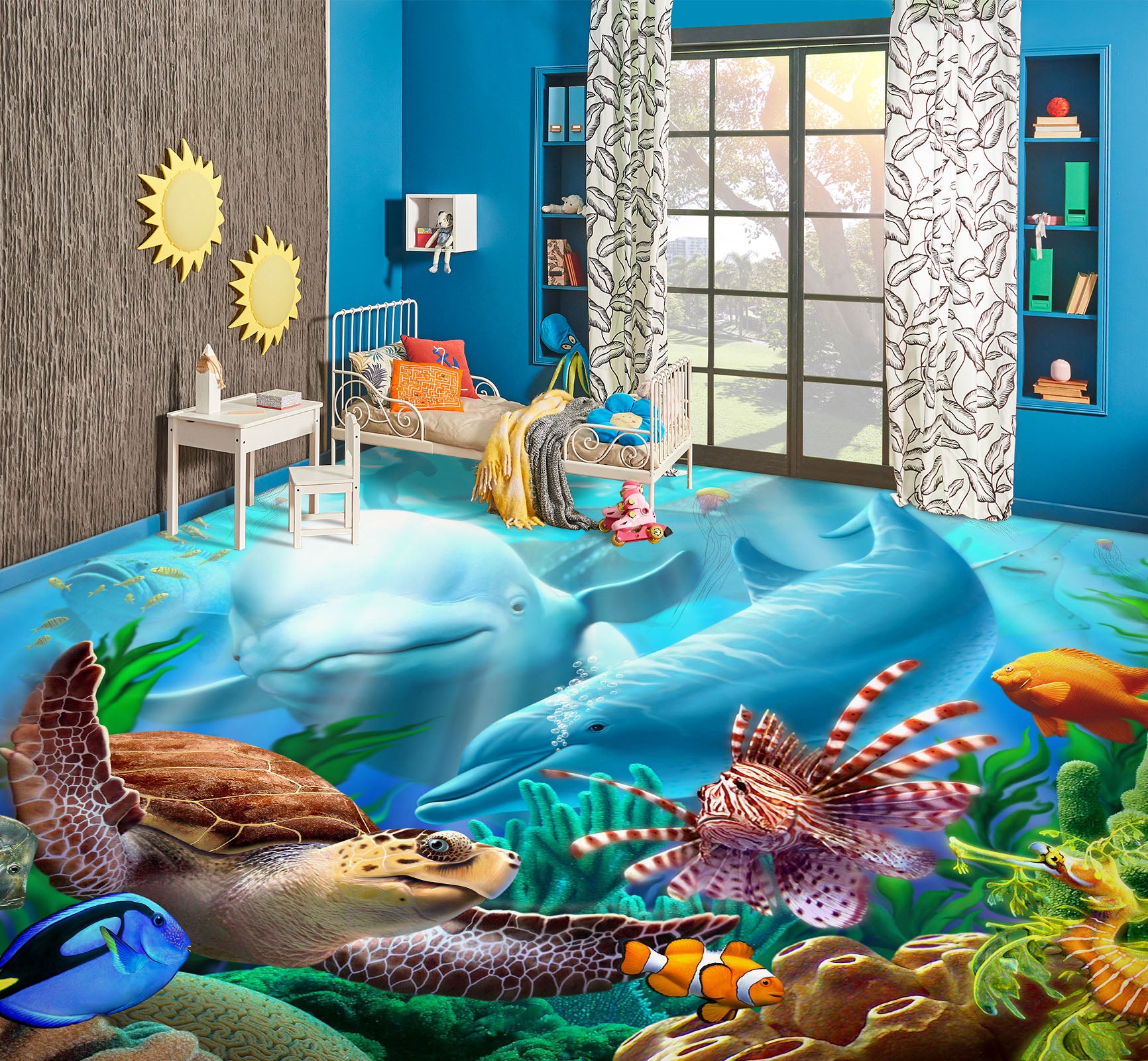 3D Ocean Dolphin Turtle Fish  96222 Jerry LoFaro Floor Mural  Wallpaper Murals Self-Adhesive Removable Print Epoxy