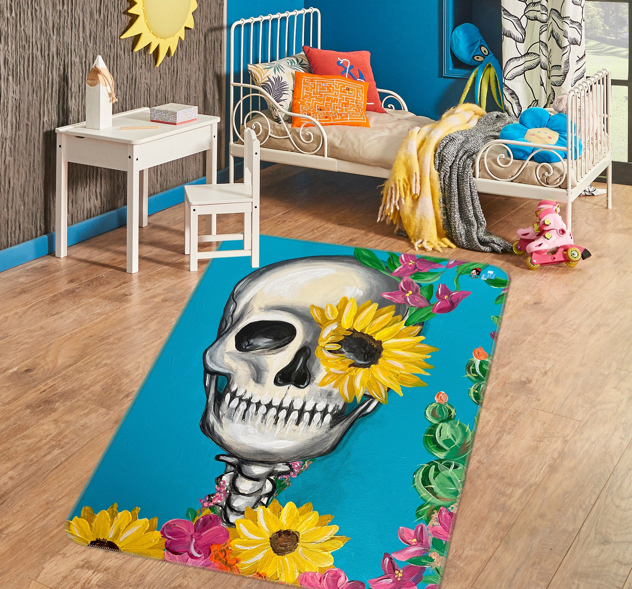 3D Skull Sunflower 8223 Jacqueline Reynoso Rug Non Slip Rug Mat