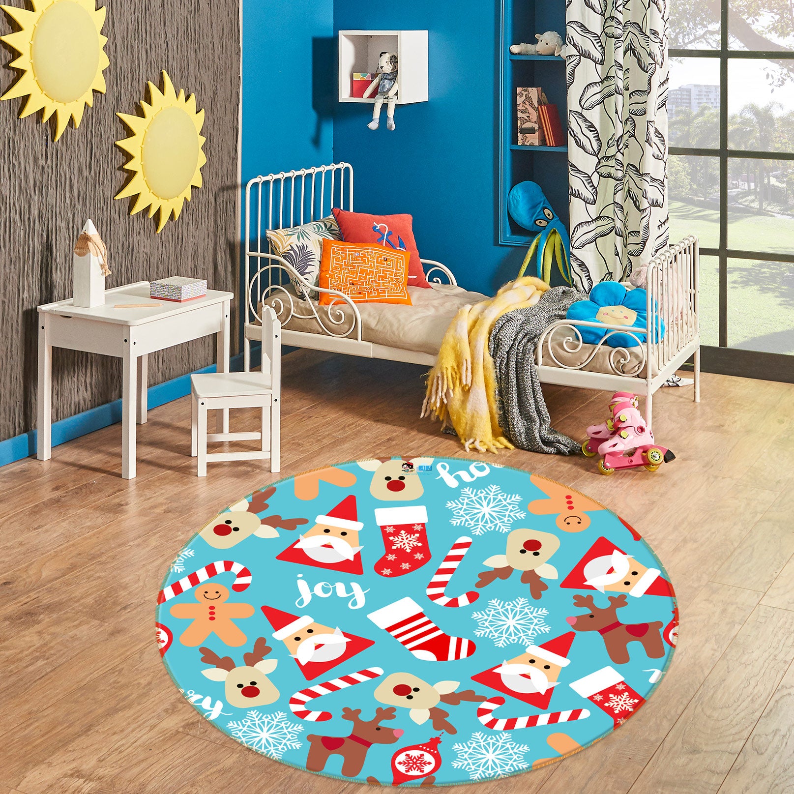 3D Santa Deer Pattern 55198 Christmas Round Non Slip Rug Mat Xmas