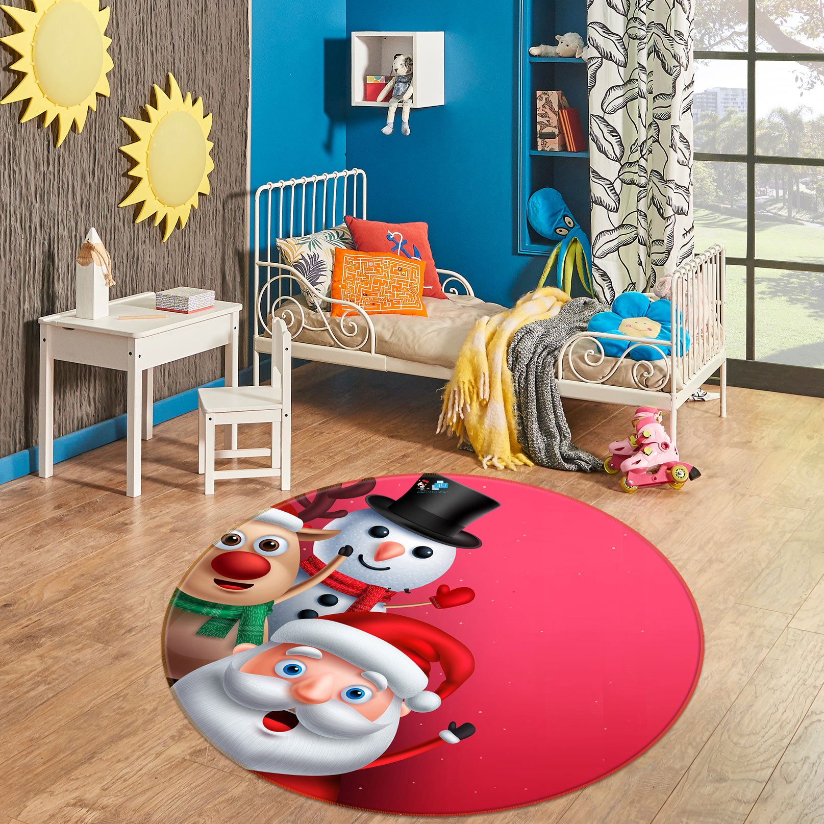 3D Santa Snowman 55223 Christmas Round Non Slip Rug Mat Xmas