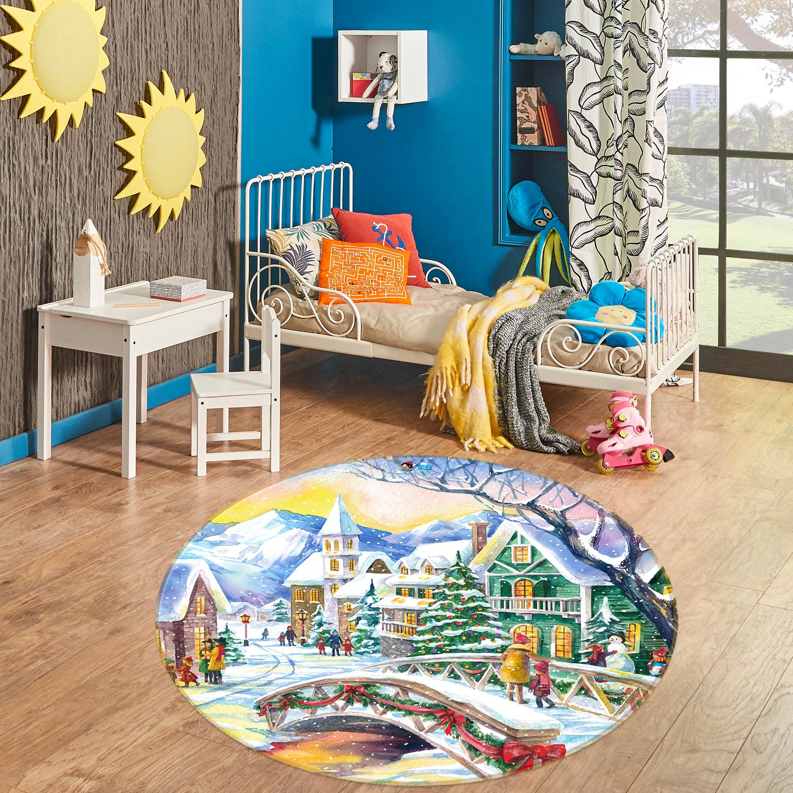 3D Snow House Bridge 55239 Christmas Round Non Slip Rug Mat Xmas