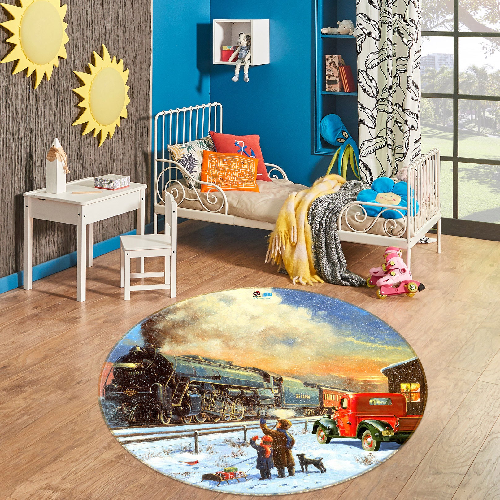 3D Train Station Snow 055 Kevin Walsh Rug Round Non Slip Rug Mat
