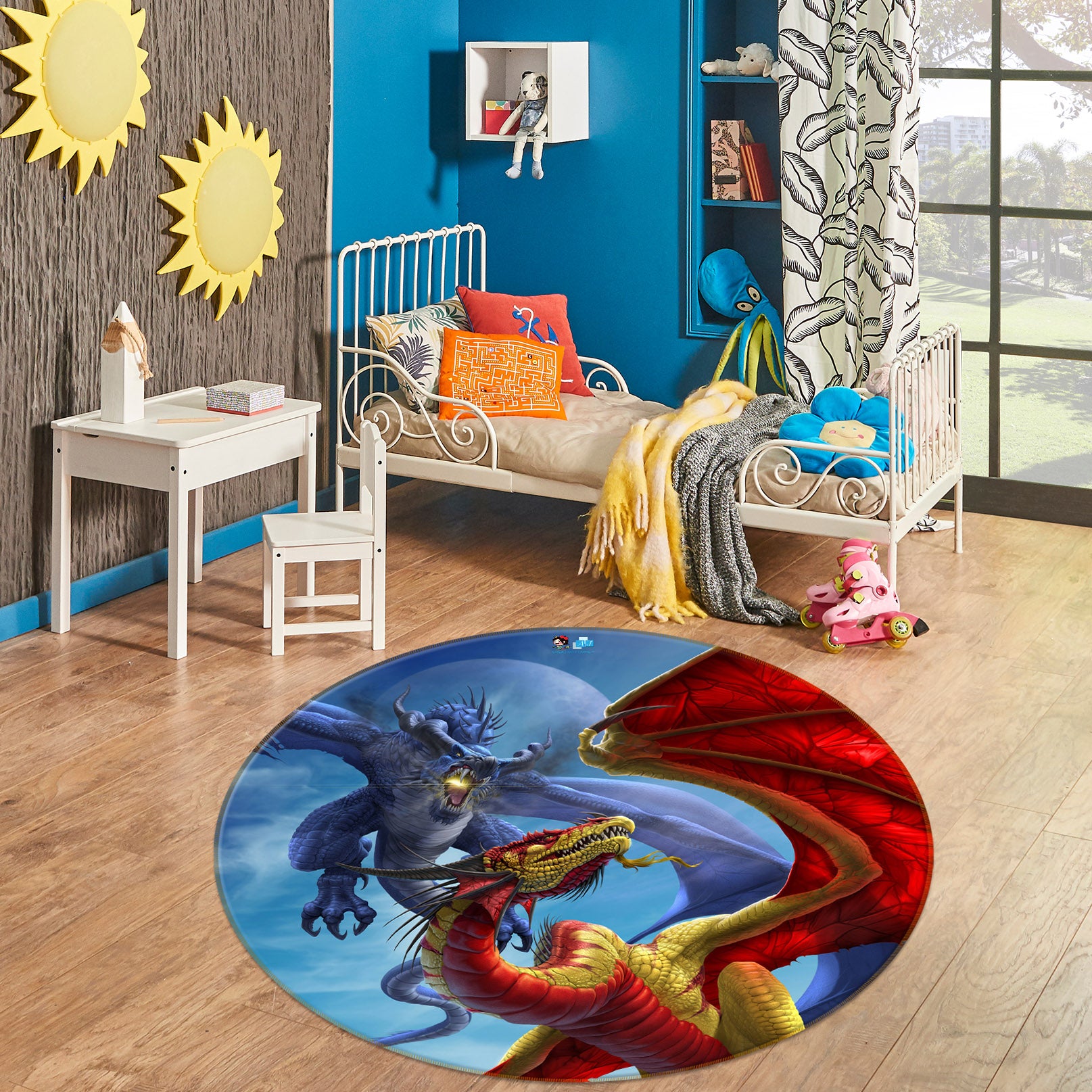 3D Blue Red Dragon 4194 Tom Wood Rug Round Non Slip Rug Mat