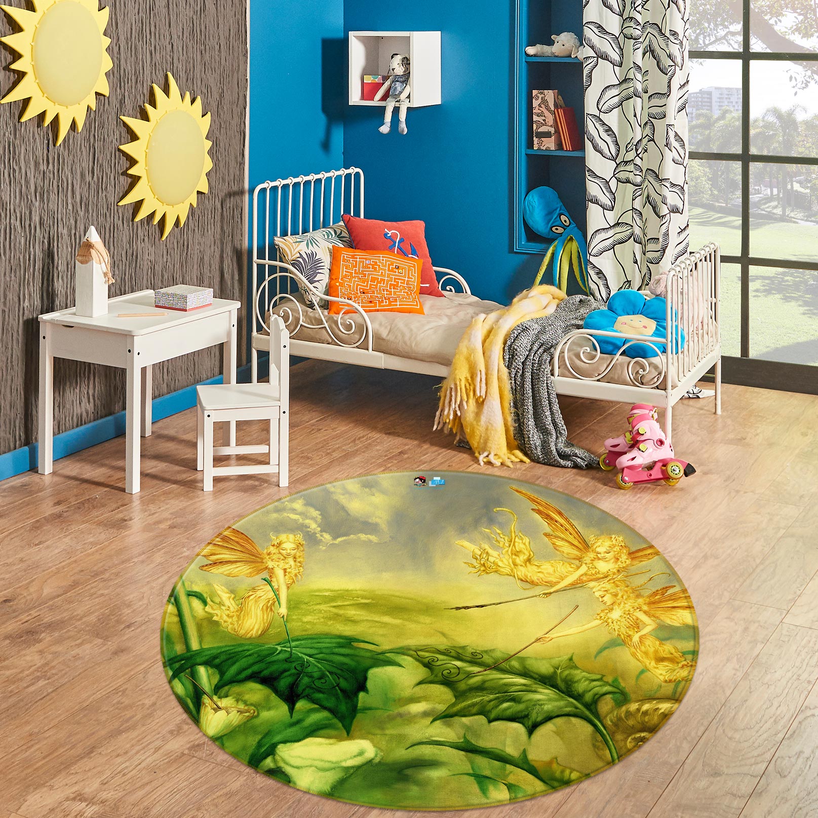 3D Leaves Golden Elf 6132 Ciruelo Rug Round Non Slip Rug Mat
