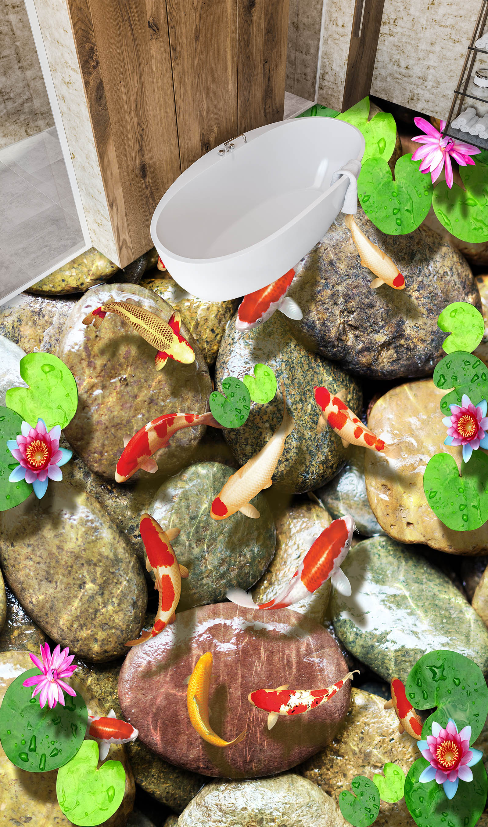 3D Koi And Pink Water Lilies 282 Floor Mural  Wallpaper Murals Rug & Mat Print Epoxy waterproof bath floor