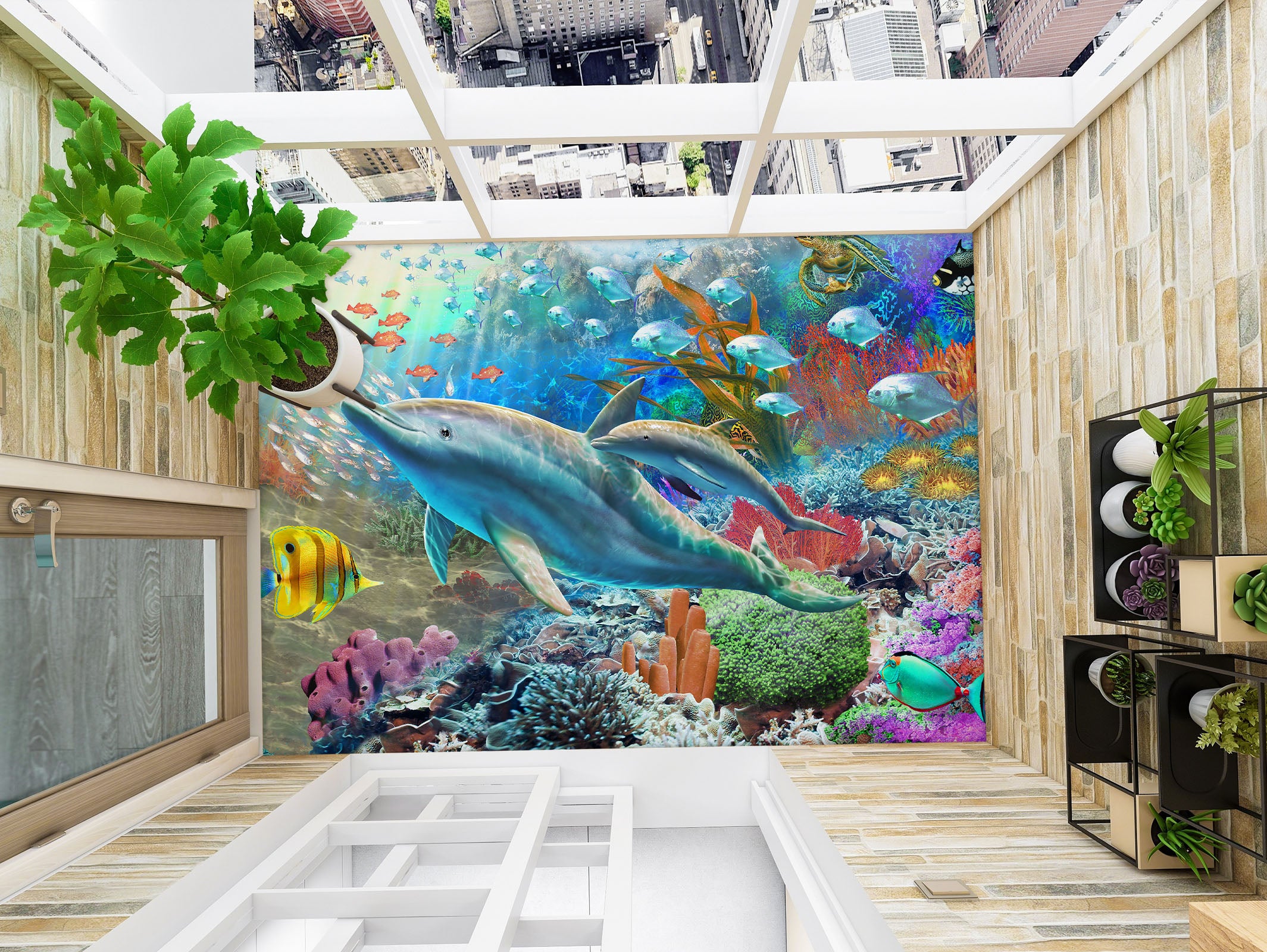 3D Seabed Colorful Coral Dolphin 98167 Adrian Chesterman Floor Mural  Wallpaper Murals Self-Adhesive Removable Print Epoxy