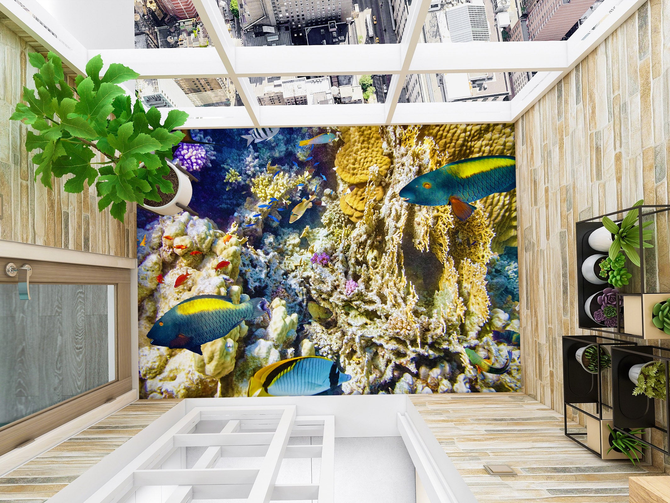 3D Blue-yellow Fish 710 Floor Mural