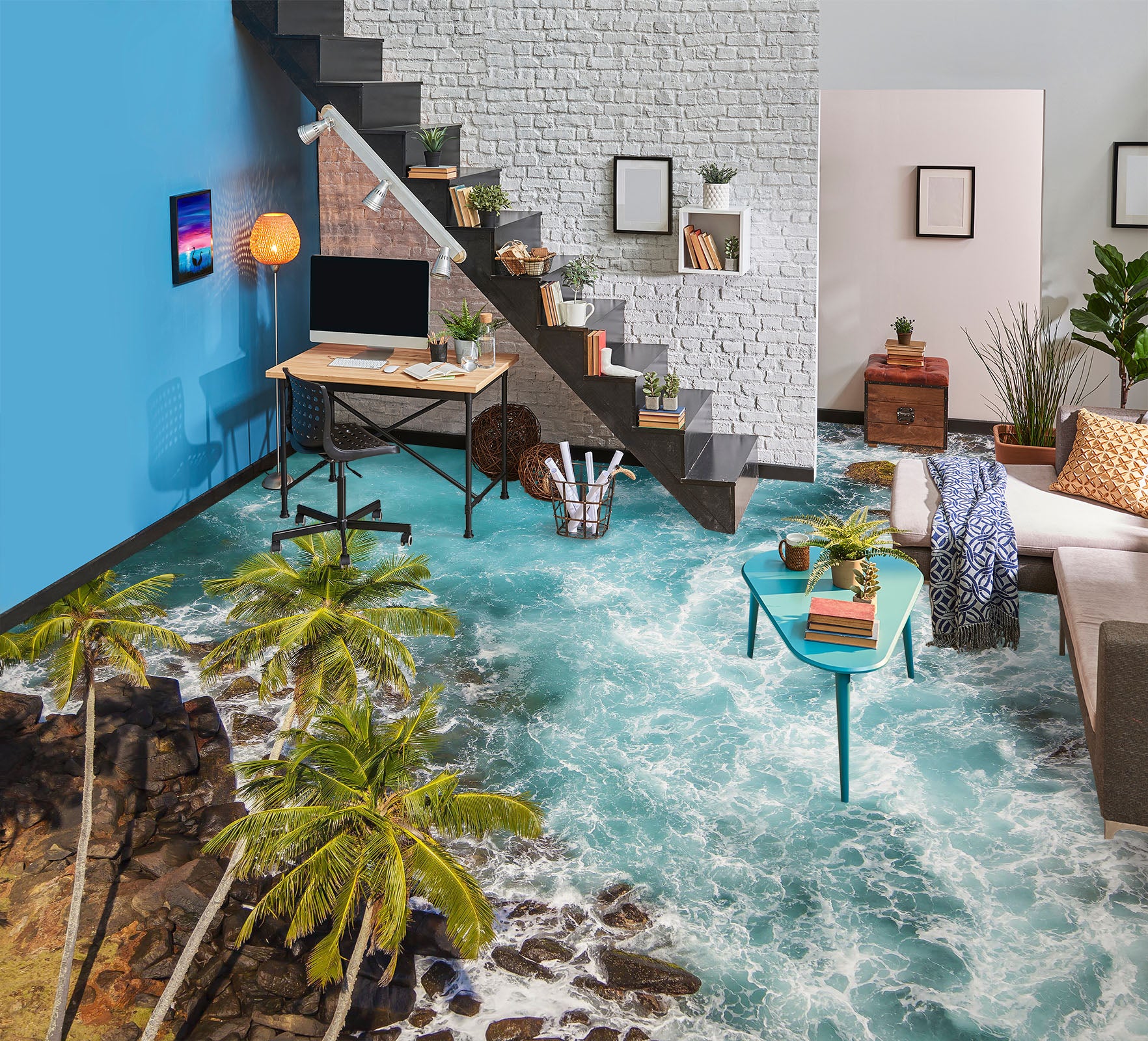 3D Coconut Trees And Sea Waves 533 Floor Mural  Wallpaper Murals Rug & Mat Print Epoxy waterproof bath floor