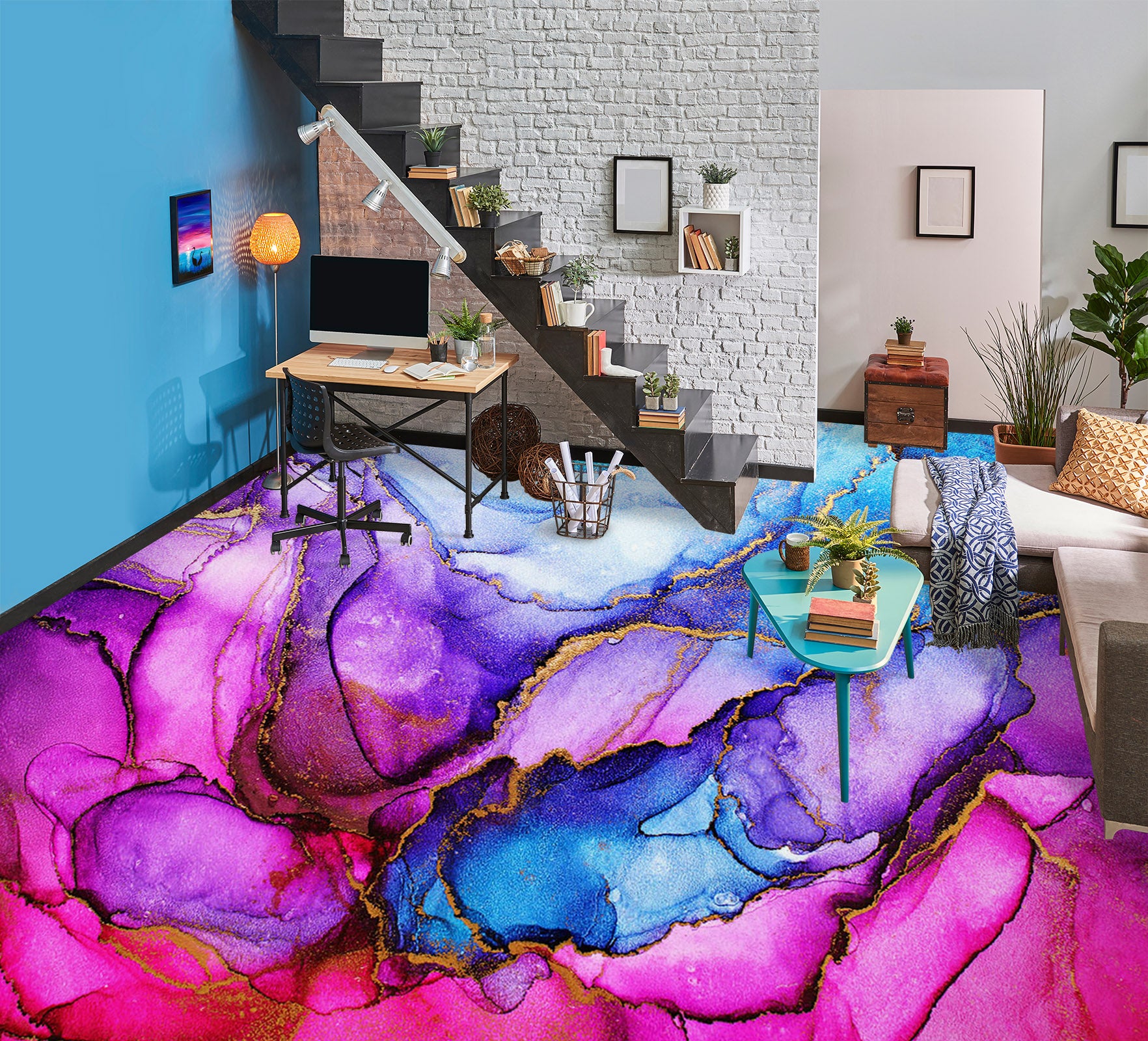 3D Blue And Dark Purple 1250 Floor Mural  Wallpaper Murals Self-Adhesive Removable Print Epoxy