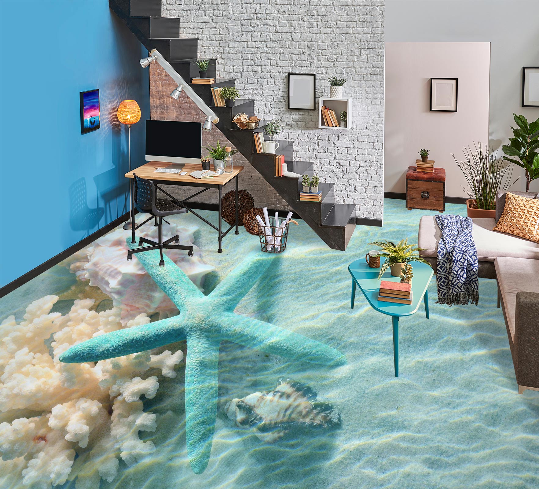 3D Blue Starfish In The Water 431 Floor Mural  Wallpaper Murals Rug & Mat Print Epoxy waterproof bath floor