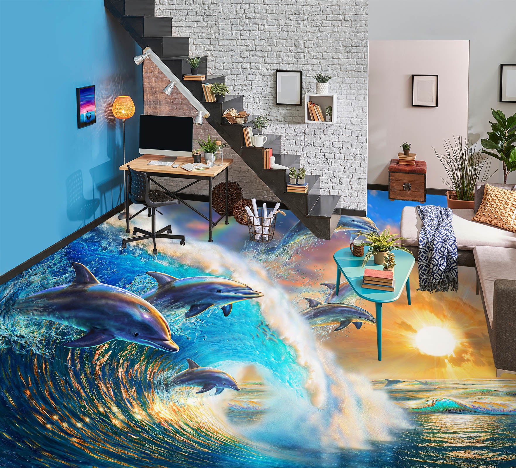 3D Dolphin Waves 98168 Adrian Chesterman Floor Mural  Wallpaper Murals Self-Adhesive Removable Print Epoxy