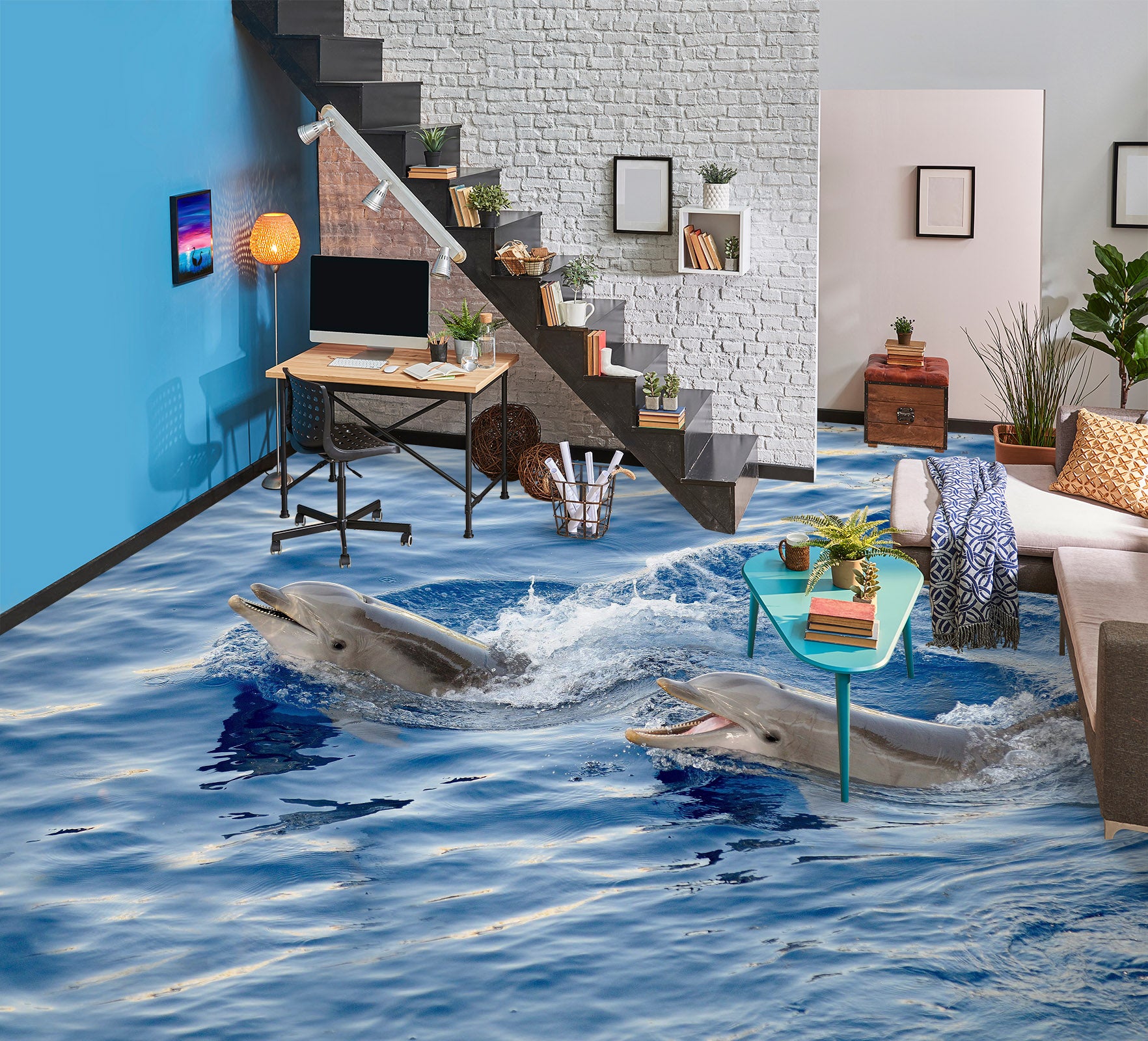 3D Swimming Dolphins 1210 Floor Mural  Wallpaper Murals Self-Adhesive Removable Print Epoxy