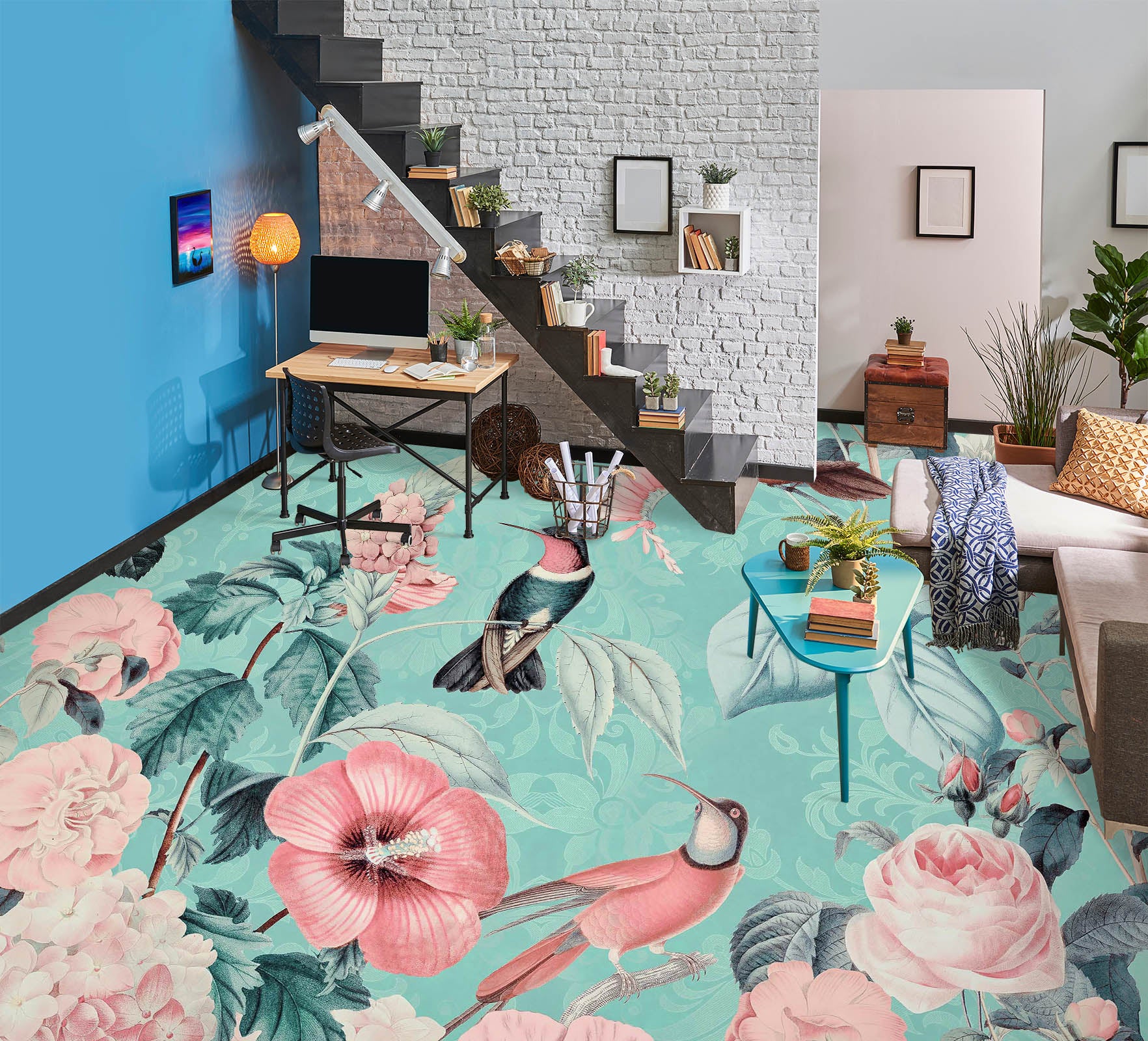 3D Bird Pink Flower 104154 Andrea Haase Floor Mural  Wallpaper Murals Self-Adhesive Removable Print Epoxy