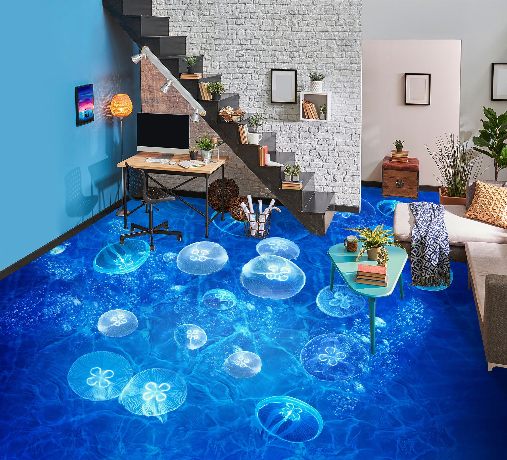 3D Blue Jellyfish 135 Floor Mural  Wallpaper Murals Rug & Mat Print Epoxy waterproof bath floor