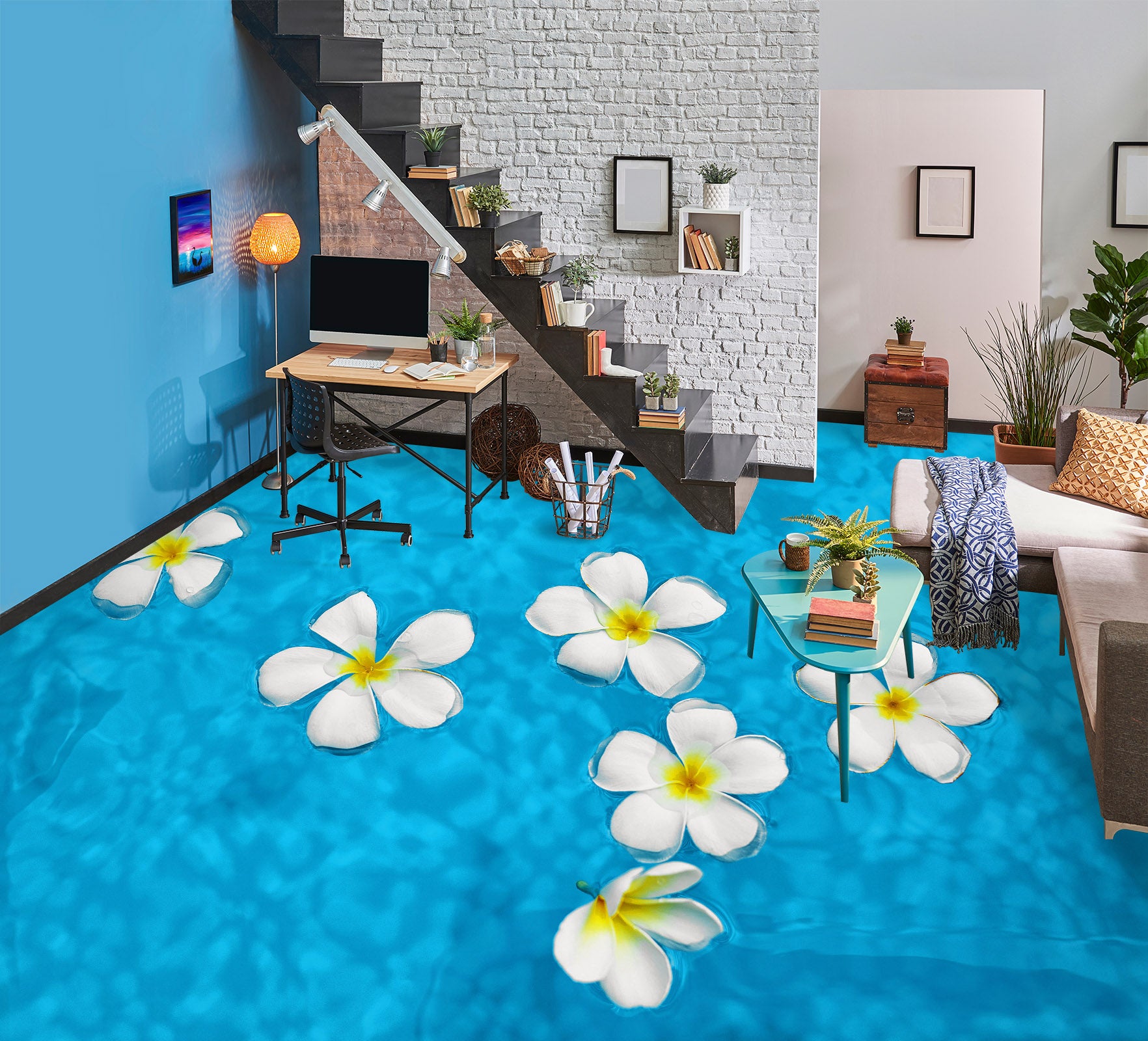 3D White Flowers On Water 055 Floor Mural  Wallpaper Murals Rug & Mat Print Epoxy waterproof bath floor