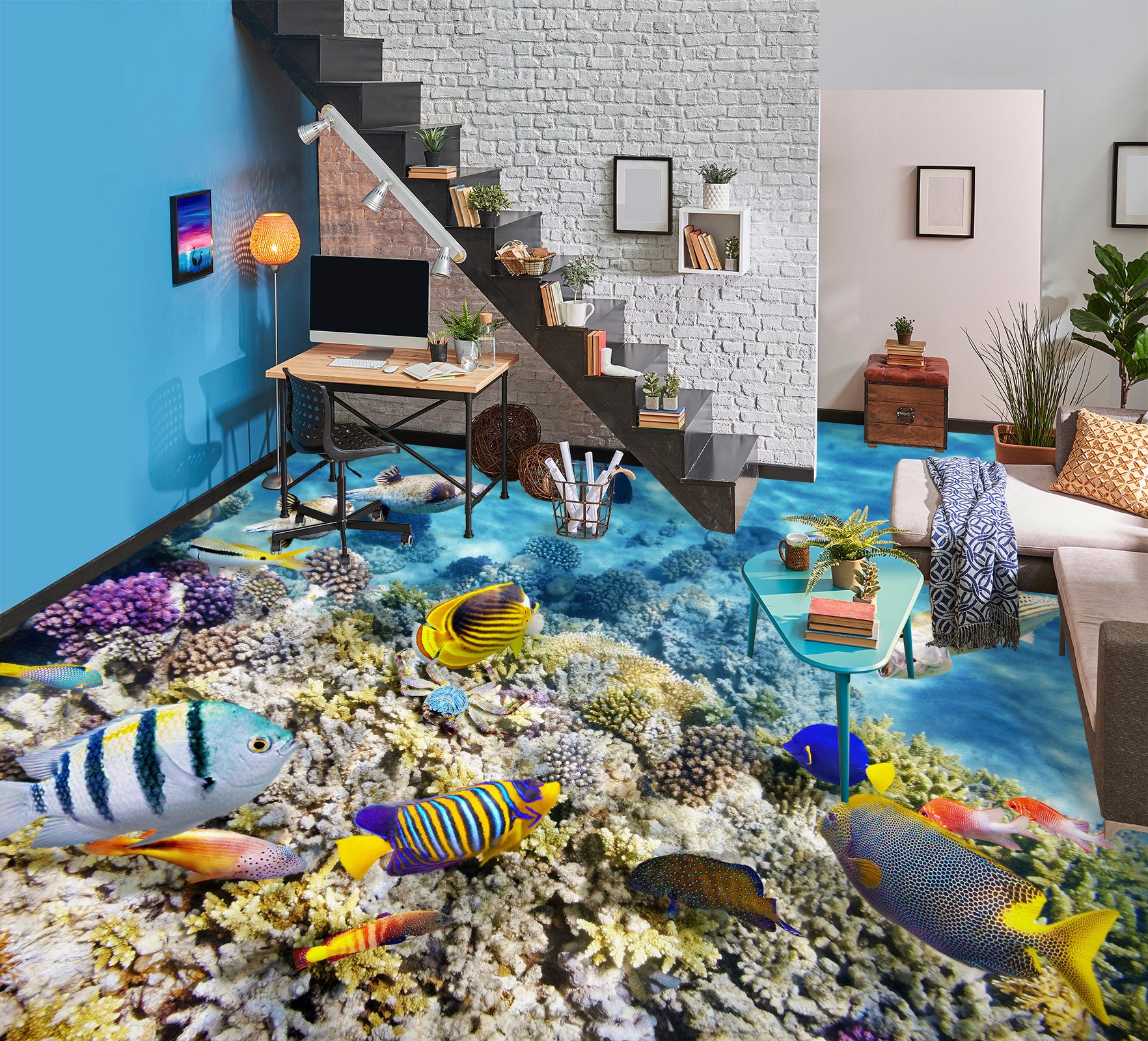 3D Free Happy Fish 707 Floor Mural  Wallpaper Murals Rug & Mat Print Epoxy waterproof bath floor
