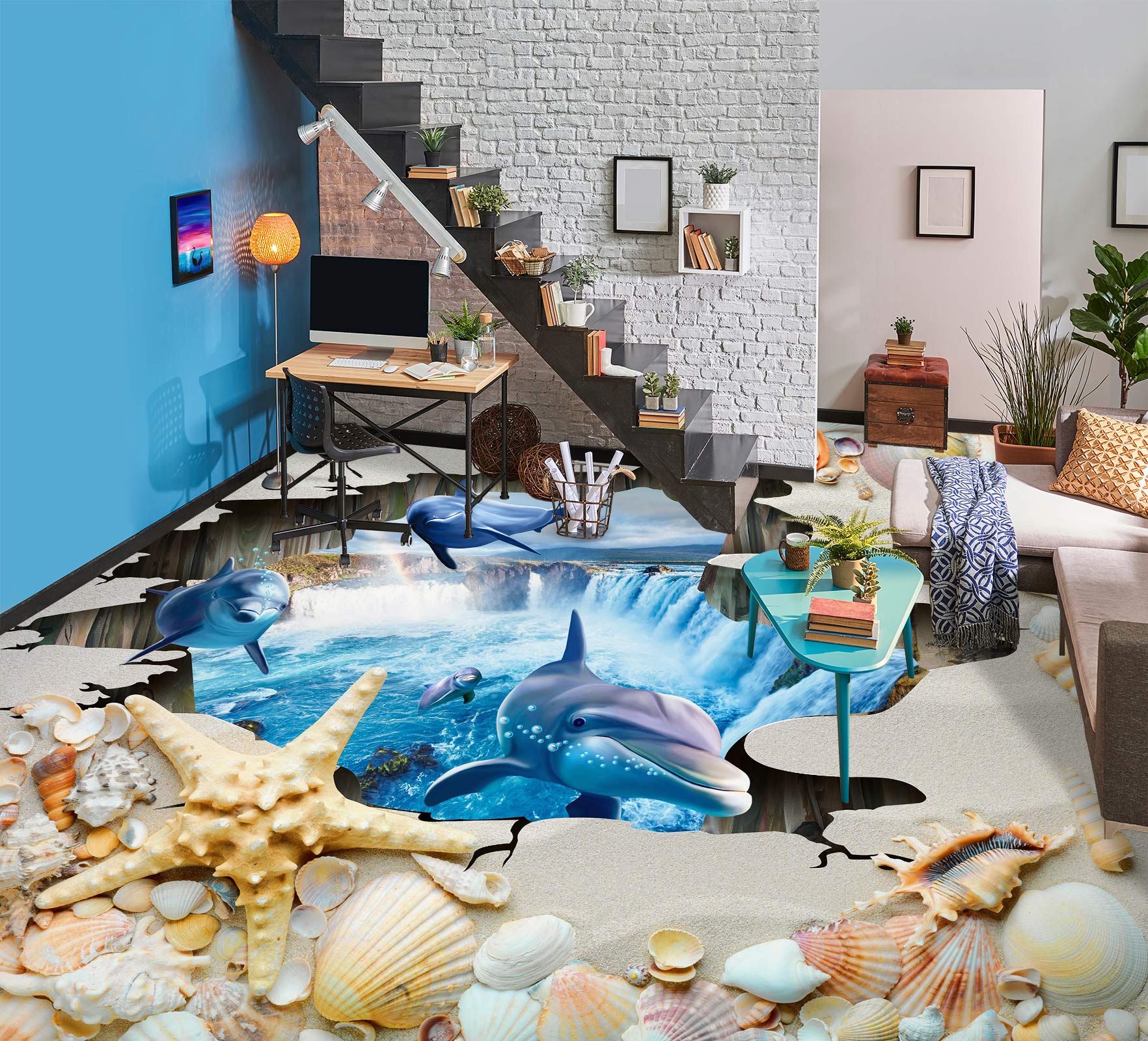 3D Curious Dolphins 150 Floor Mural  Wallpaper Murals Rug & Mat Print Epoxy waterproof bath floor