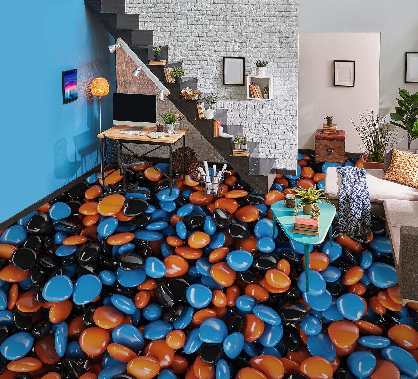 3D Blue And Orange Stones 1058 Floor Mural  Wallpaper Murals Self-Adhesive Removable Print Epoxy