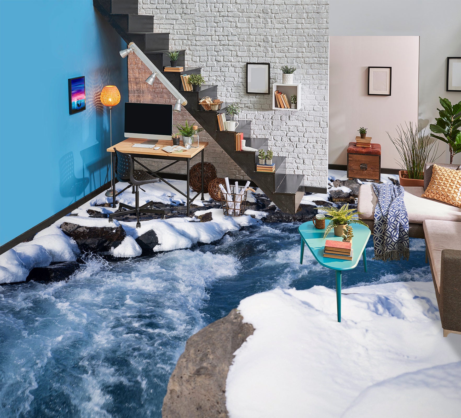 3D White Snow And Blue River 1073 Floor Mural  Wallpaper Murals Self-Adhesive Removable Print Epoxy