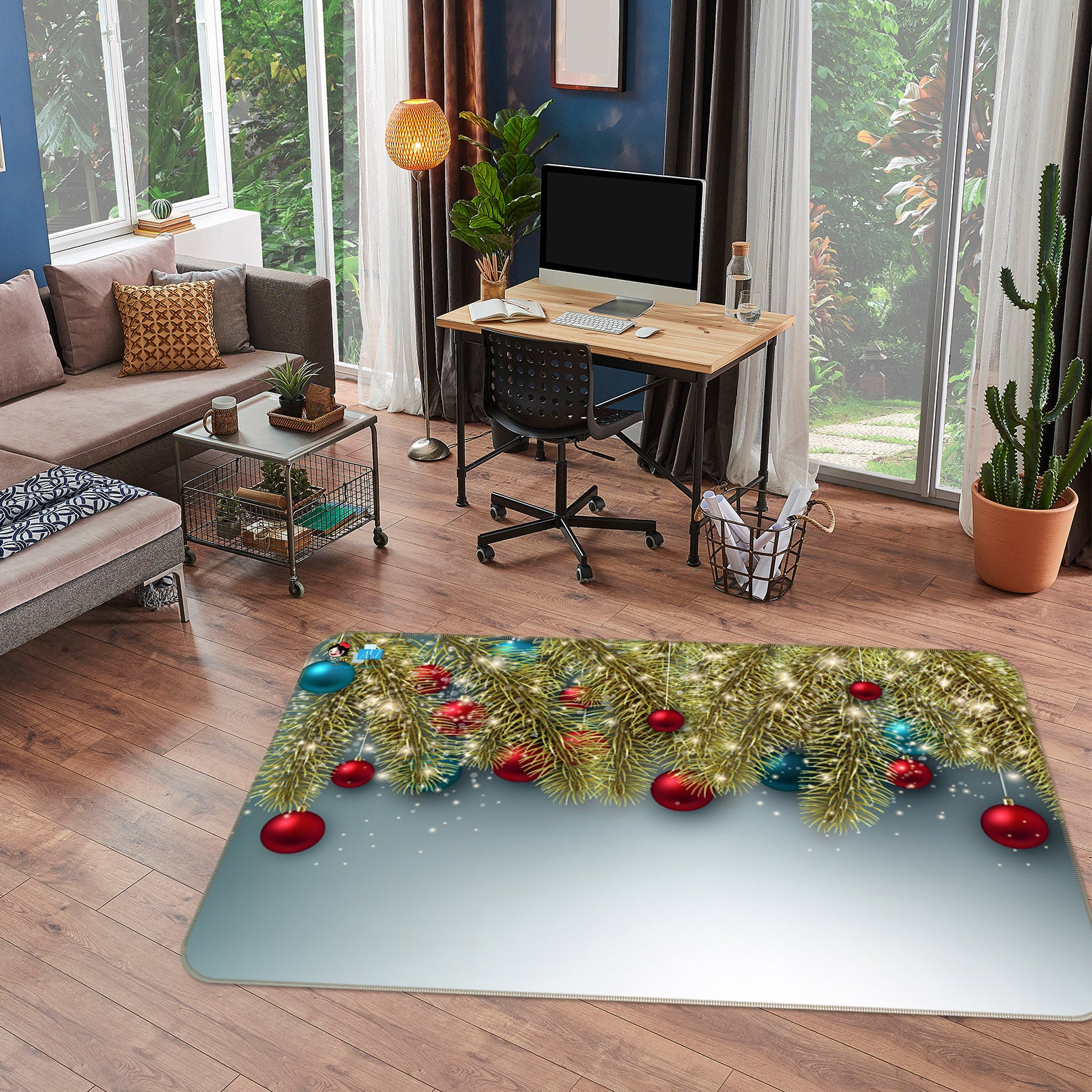3D Golden Branches Ball 56250 Christmas Non Slip Rug Mat Xmas