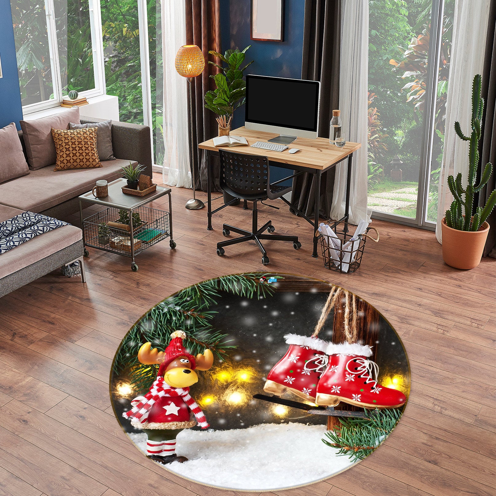 3D Deer Shoe Snow 55259 Christmas Round Non Slip Rug Mat Xmas