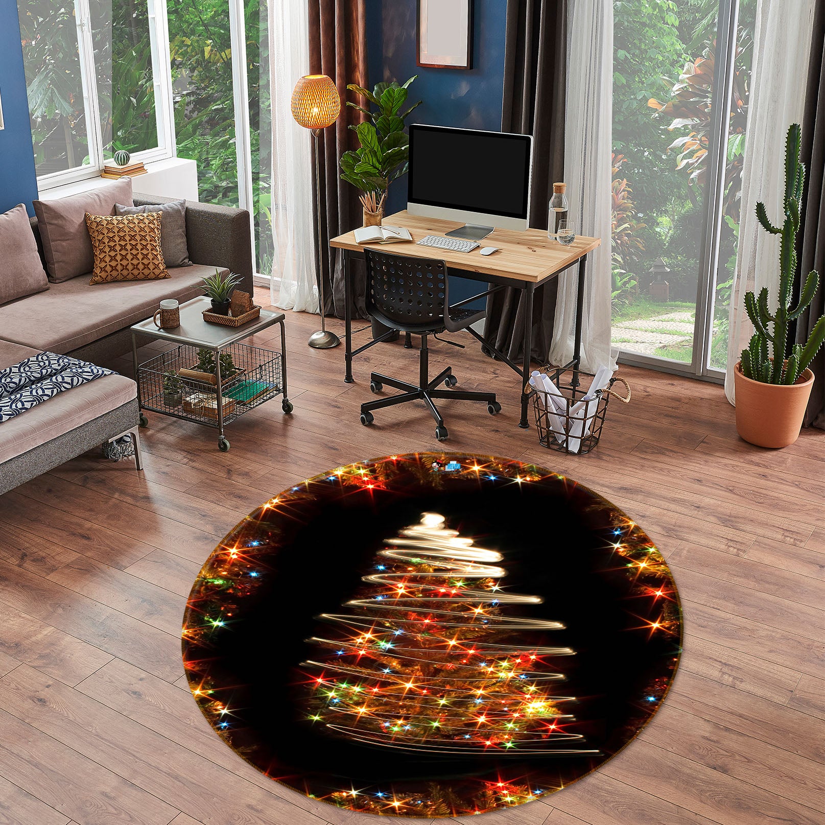 3D Colored Lights Tree 56002 Christmas Round Non Slip Rug Mat Xmas