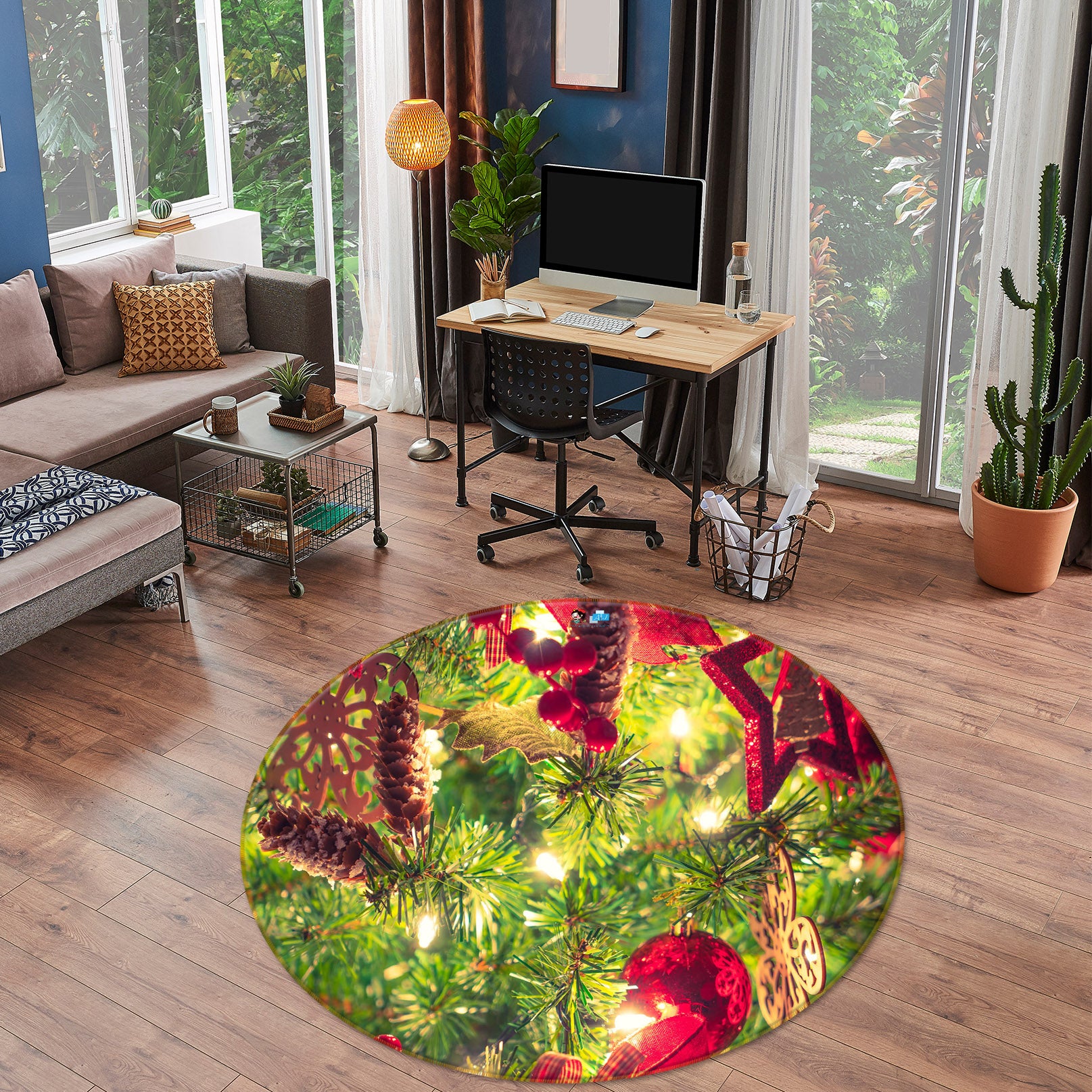 3D Branches 55267 Christmas Round Non Slip Rug Mat Xmas
