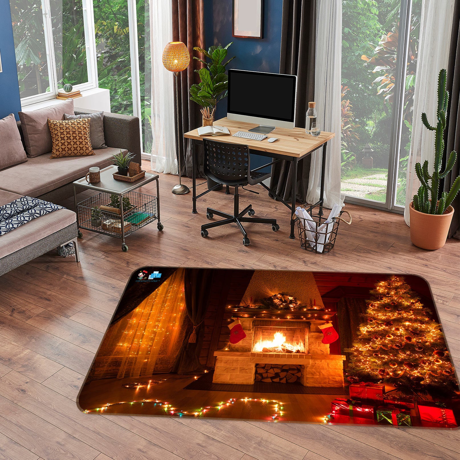 3D Lighted Tree Fireplace 56164 Christmas Non Slip Rug Mat Xmas
