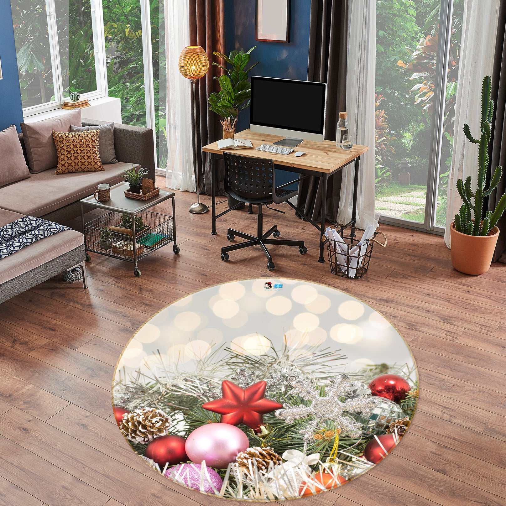 3D Branches Pendant 55186 Christmas Round Non Slip Rug Mat Xmas