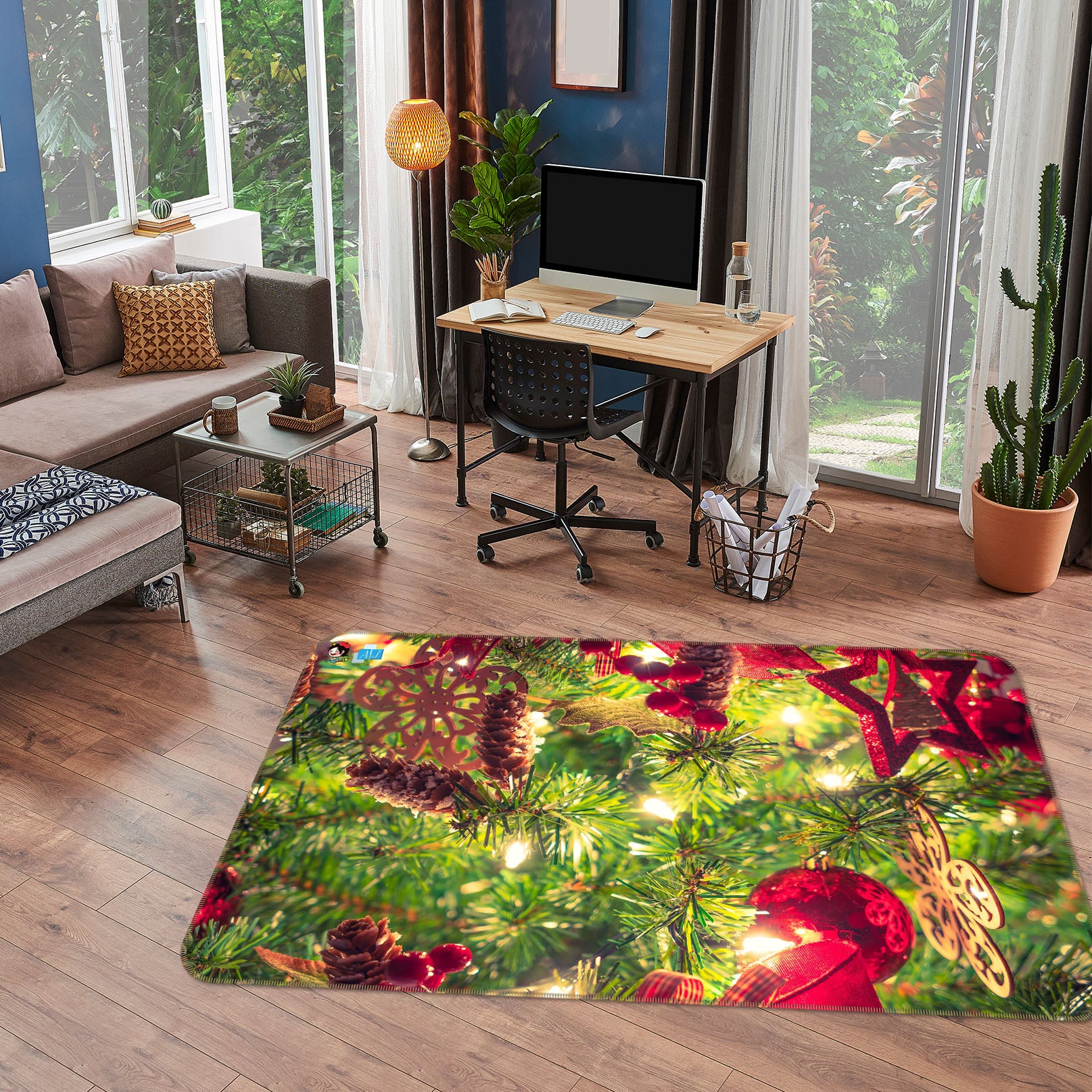 3D Tree Red Star Ball 56202 Christmas Non Slip Rug Mat Xmas