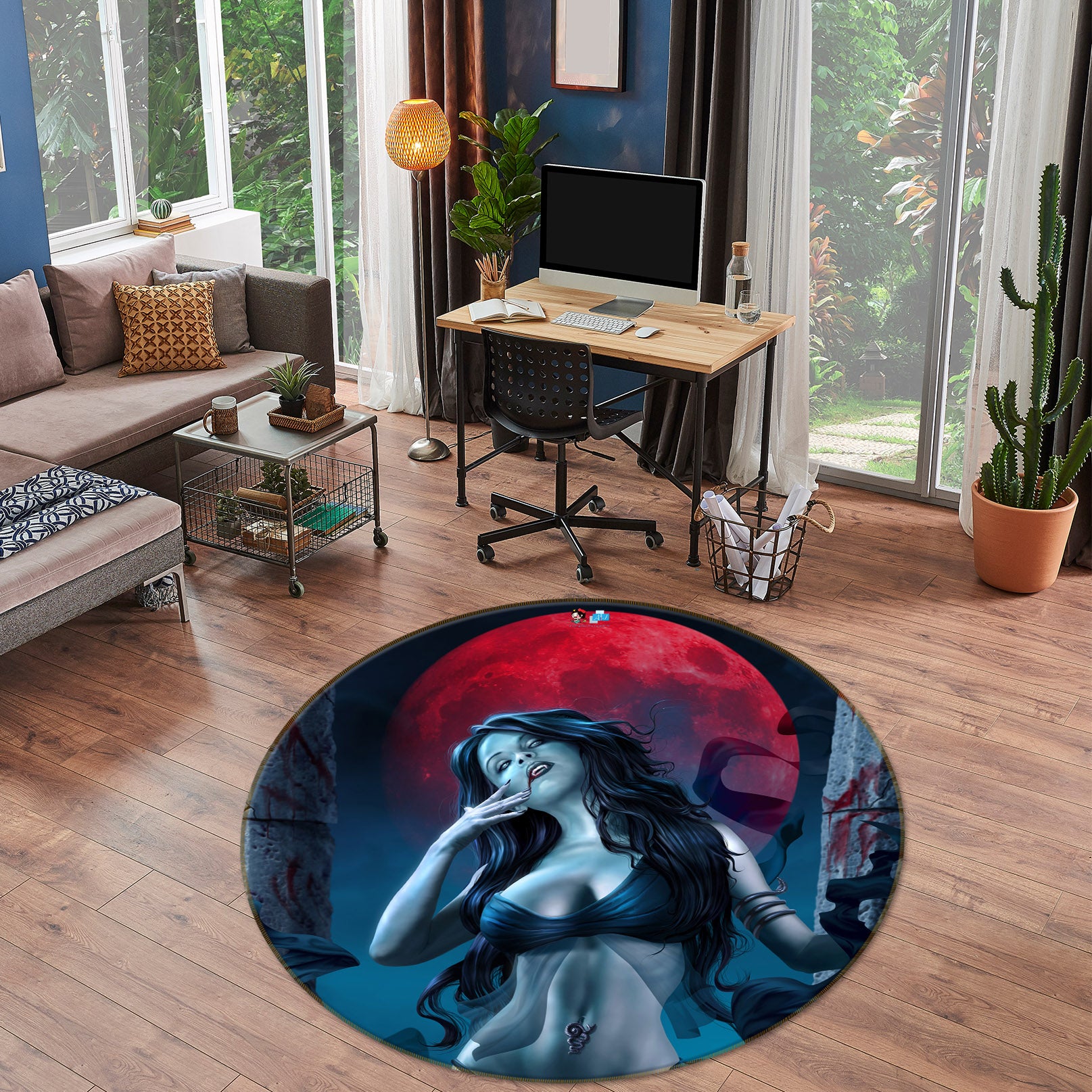 3D Beauty Red Moon 4171 Tom Wood Rug Round Non Slip Rug Mat
