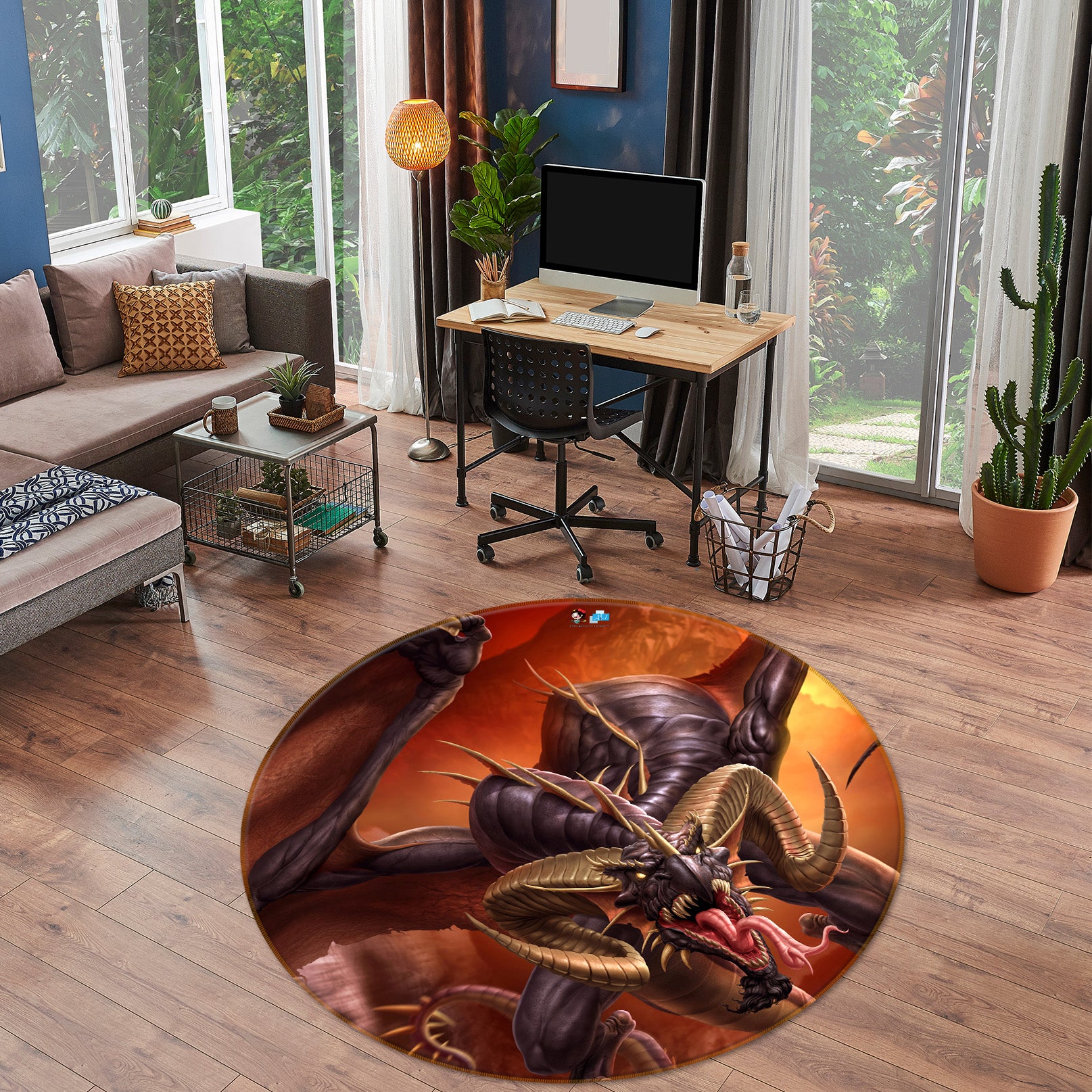 3D Dragon 4163 Tom Wood Rug Round Non Slip Rug Mat