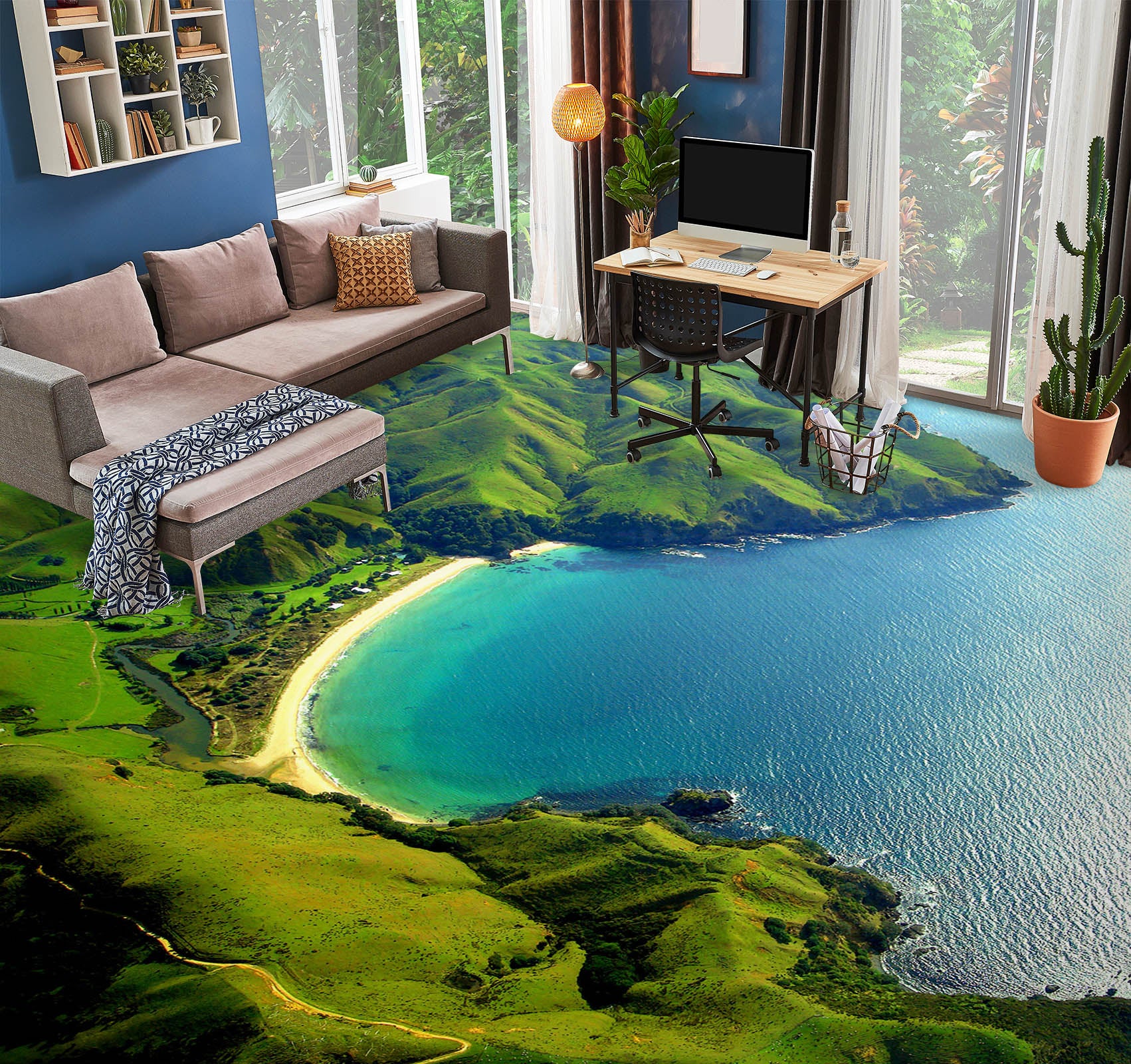3D Green Hillside And Blue Sea 509 Floor Mural  Wallpaper Murals Rug & Mat Print Epoxy waterproof bath floor