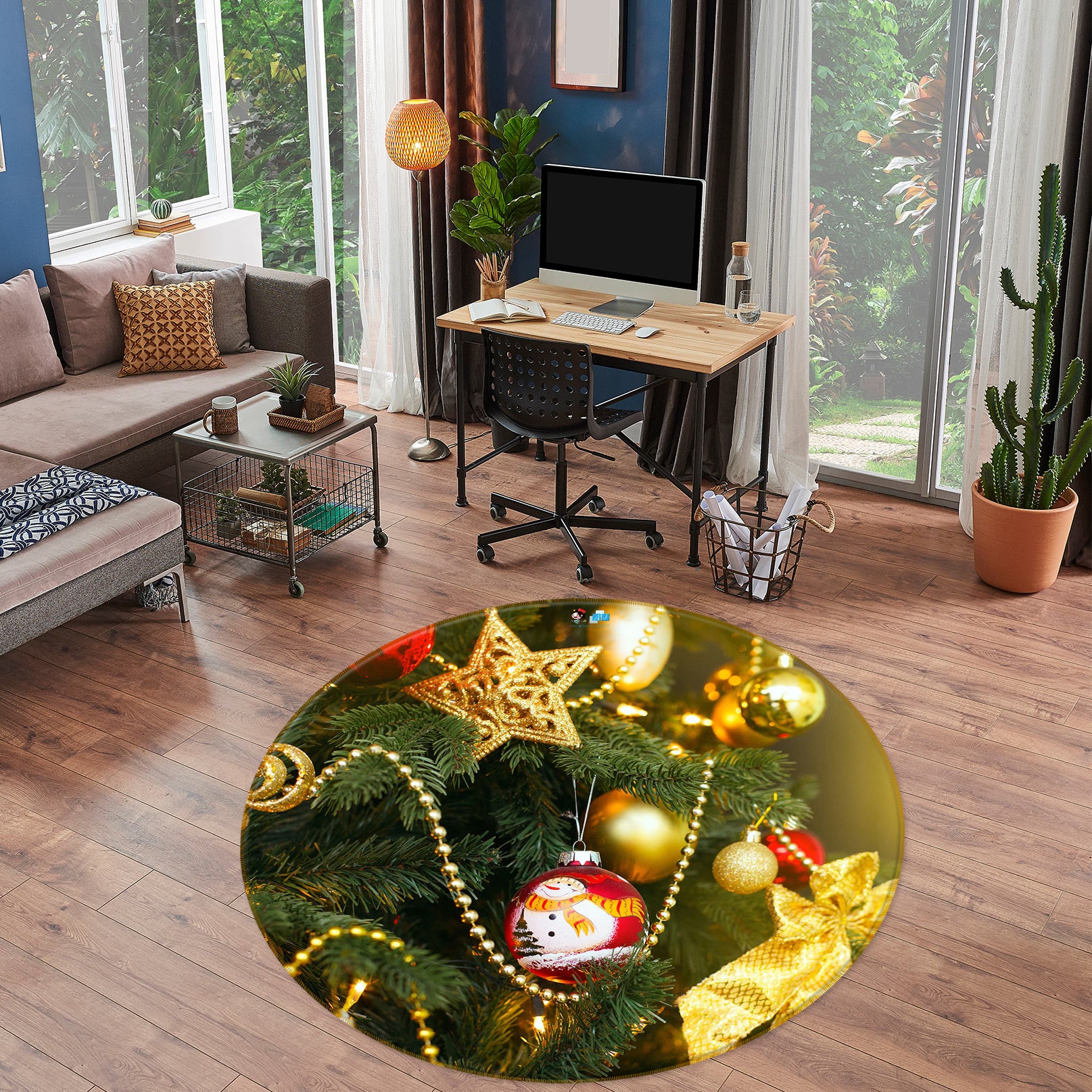 3D Golden Pendant 55199 Christmas Round Non Slip Rug Mat Xmas