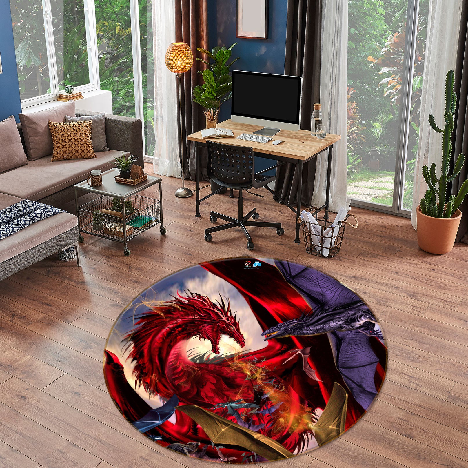 3D Red Dragon 8362 Ruth Thompson Rug Round Non Slip Rug Mat