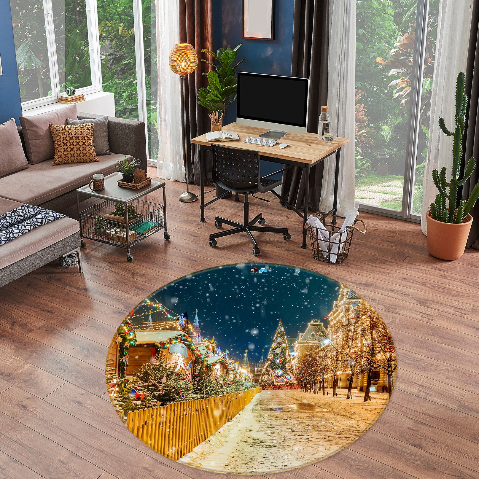 3D Snow Street 55213 Christmas Round Non Slip Rug Mat Xmas