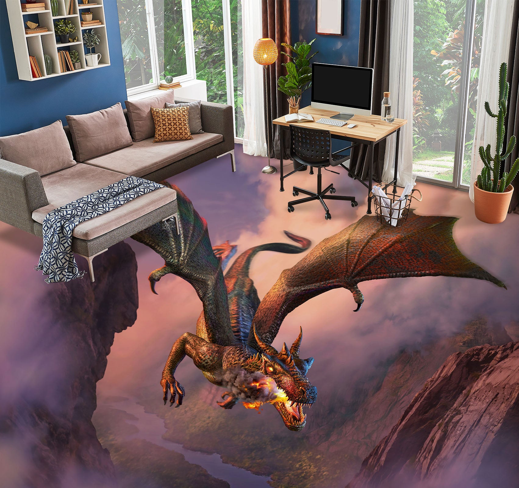 3D Flying Dragon 96219 Jerry LoFaro Floor Mural  Wallpaper Murals Self-Adhesive Removable Print Epoxy